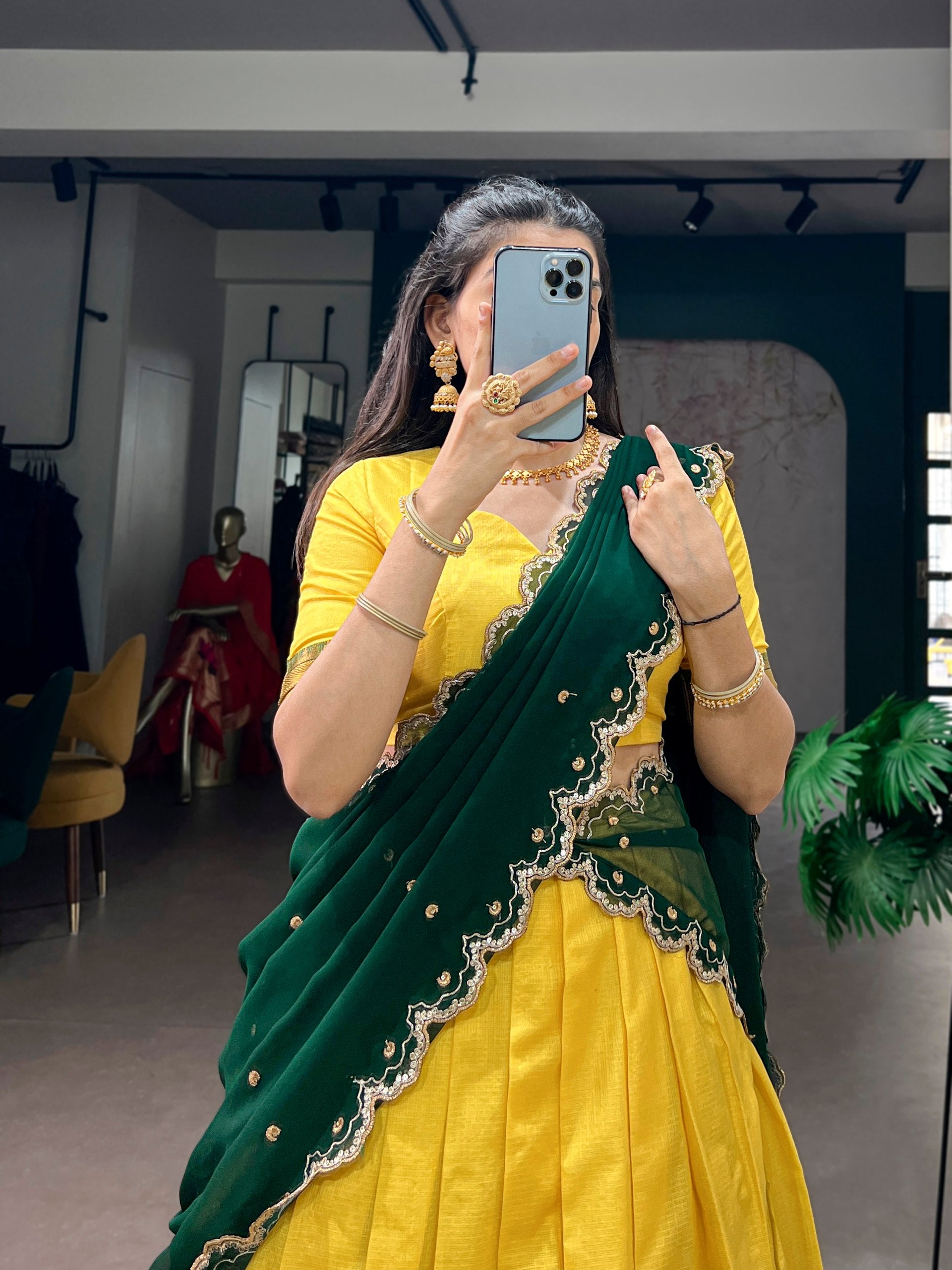 Womenline Sunshine Yellow Silk Lehenga Set with Emerald Green Embroidered Dupatta