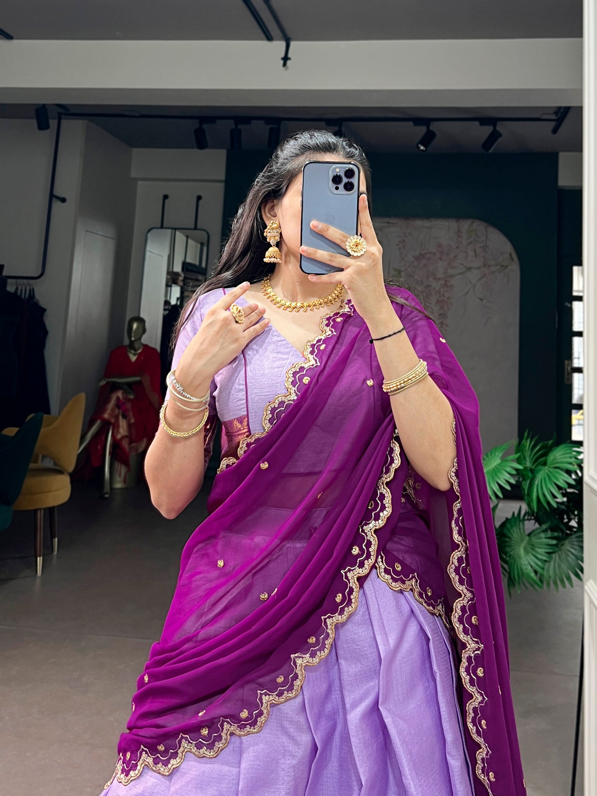 Womenline Lavender Silk Lehenga Set with Contrast Magenta Dupatta