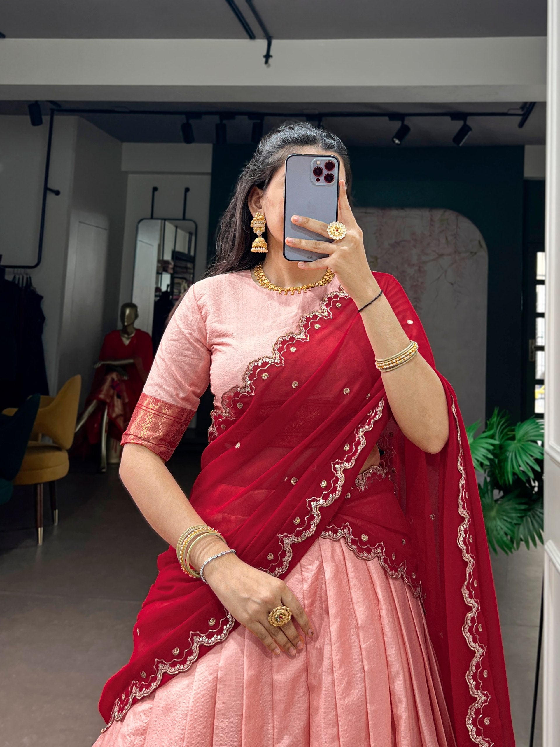 Womenline Blush Pink Silk Lehenga Set with Wine Red Embroidered Dupatta