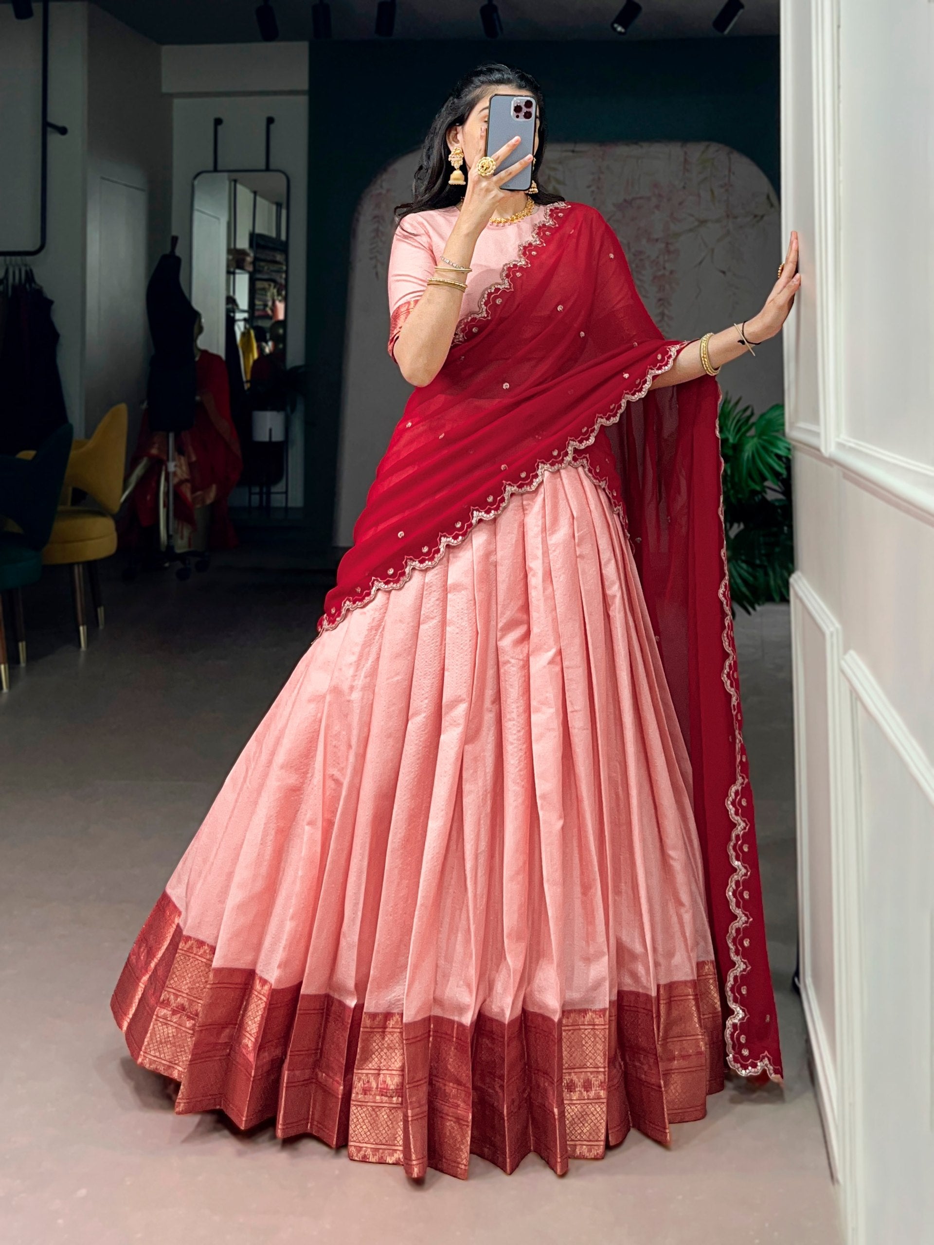 Womenline Blush Pink Silk Lehenga Set with Wine Red Embroidered Dupatta