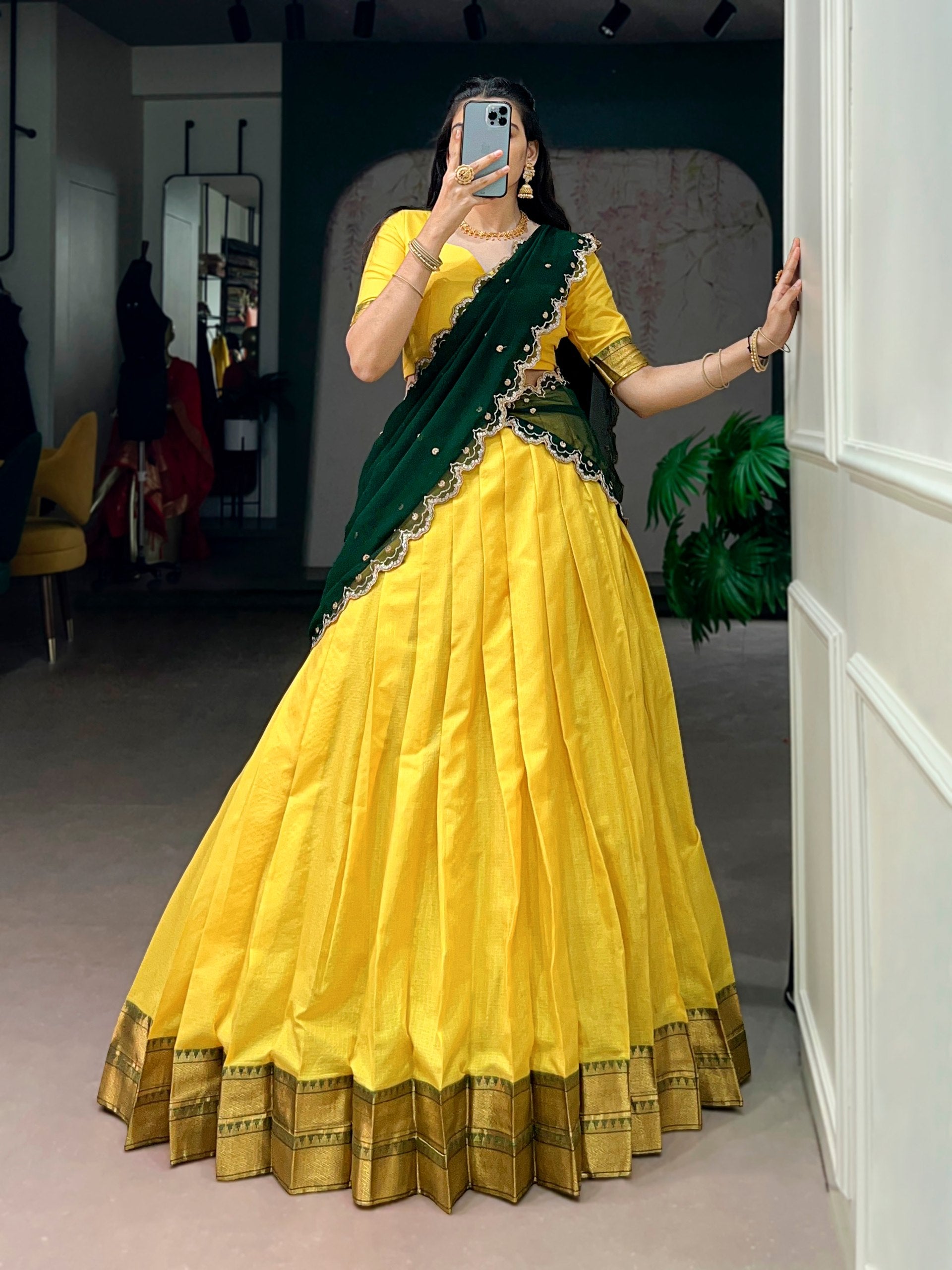 Womenline Sunshine Yellow Silk Lehenga Set with Emerald Green Embroidered Dupatta