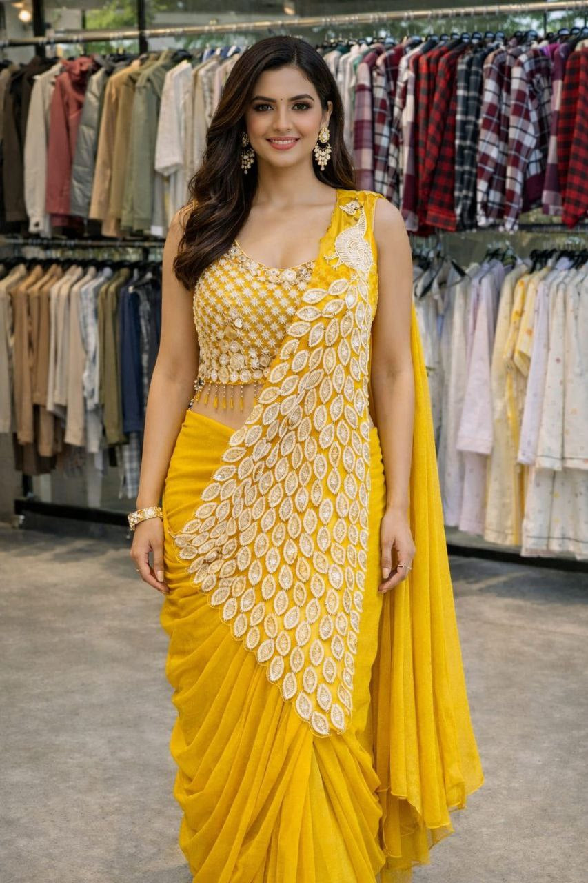 Womenline Mustard Yellow Pre-Draped Saree Set with Heavy Embroidered Panel