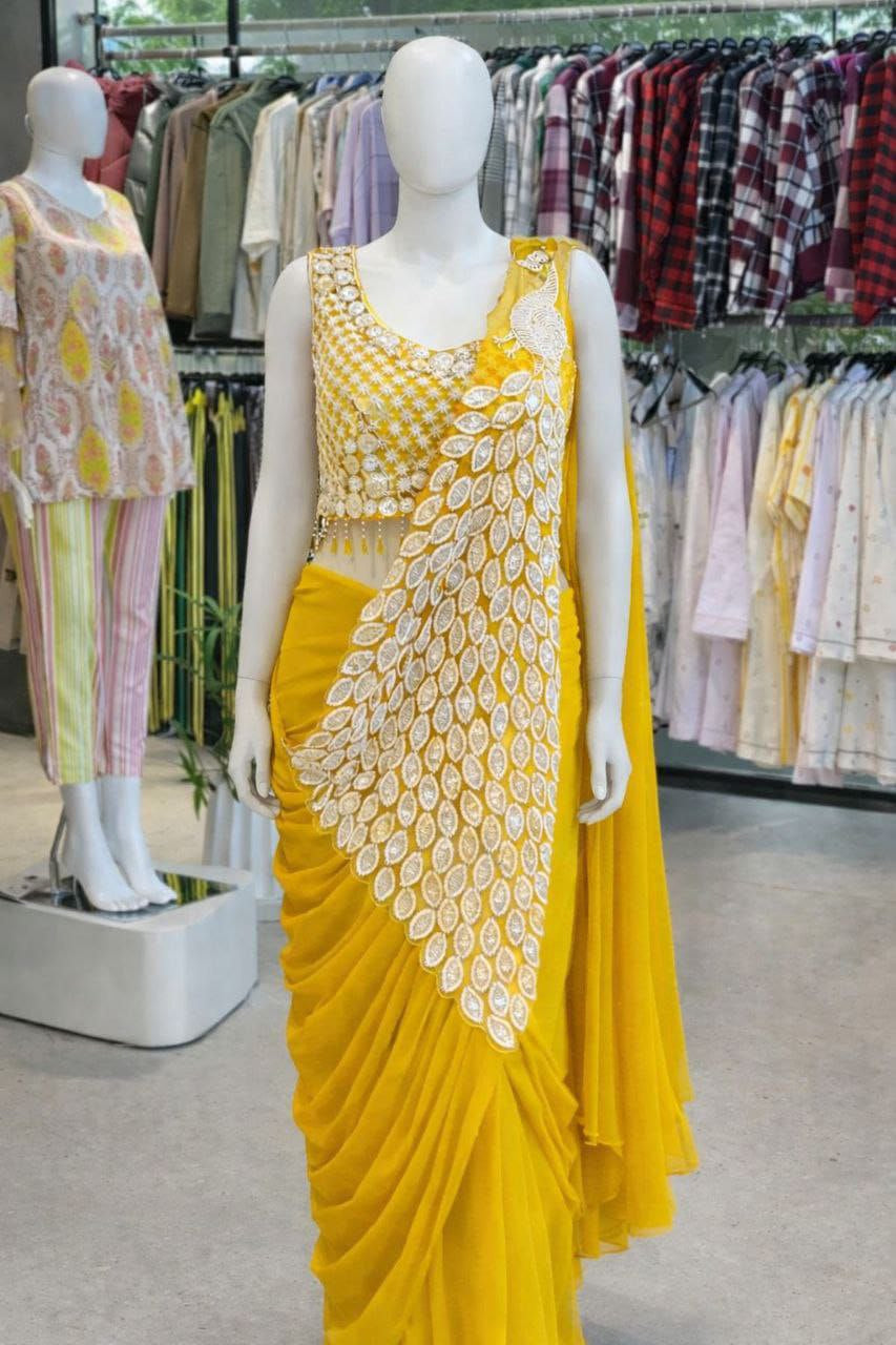 Womenline Mustard Yellow Pre-Draped Saree Set with Heavy Embroidered Panel