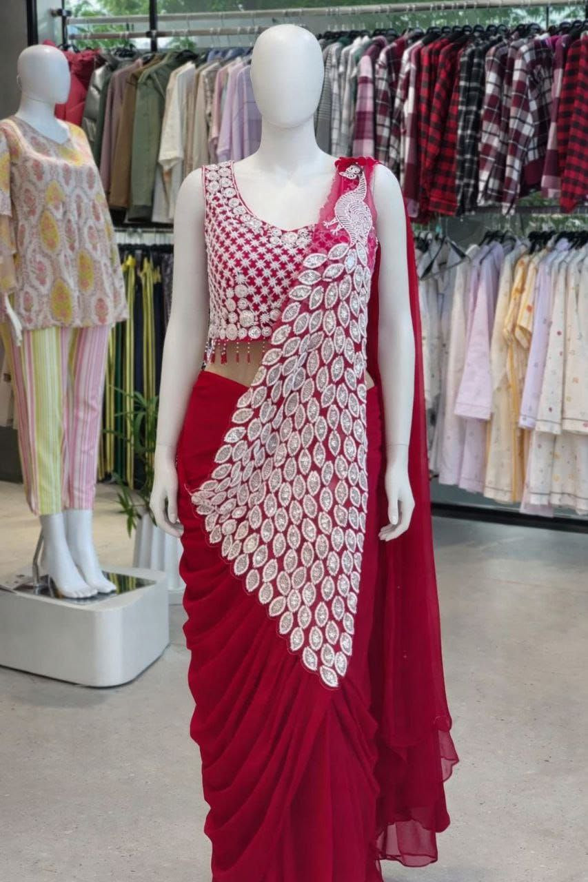 Womenline Red Pre-Draped Saree Set with Heavy Leaf Embroidery Panel