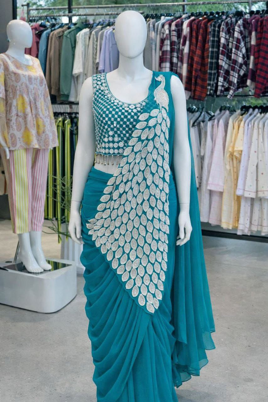 Womenline Teal Pre-Draped Saree Set with Peacock Leaf Embroidery Panel