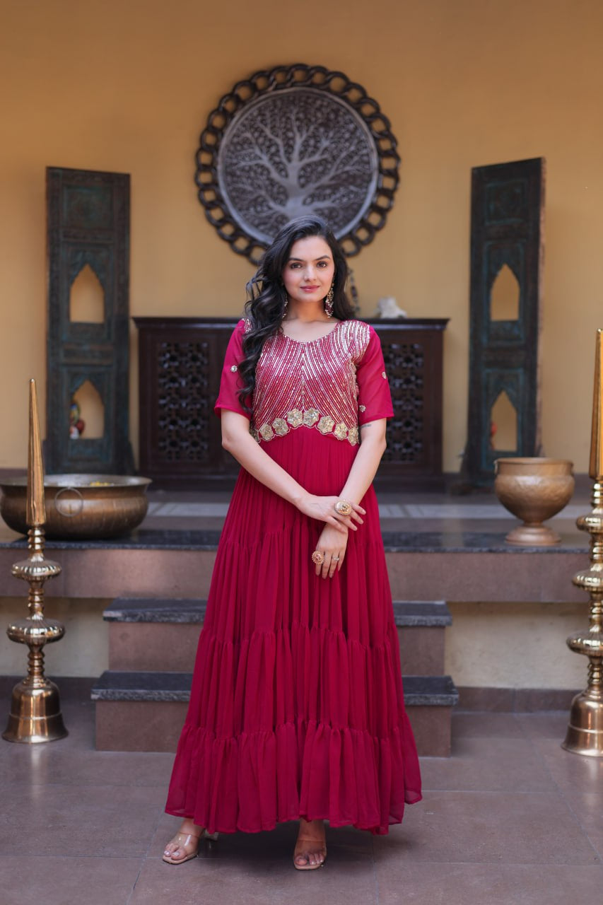 Womenline Wine Red Embroidered Tiered Anarkali Gown