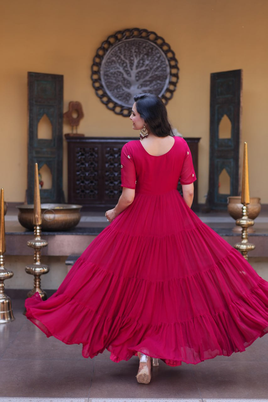 Womenline Wine Red Embroidered Tiered Anarkali Gown