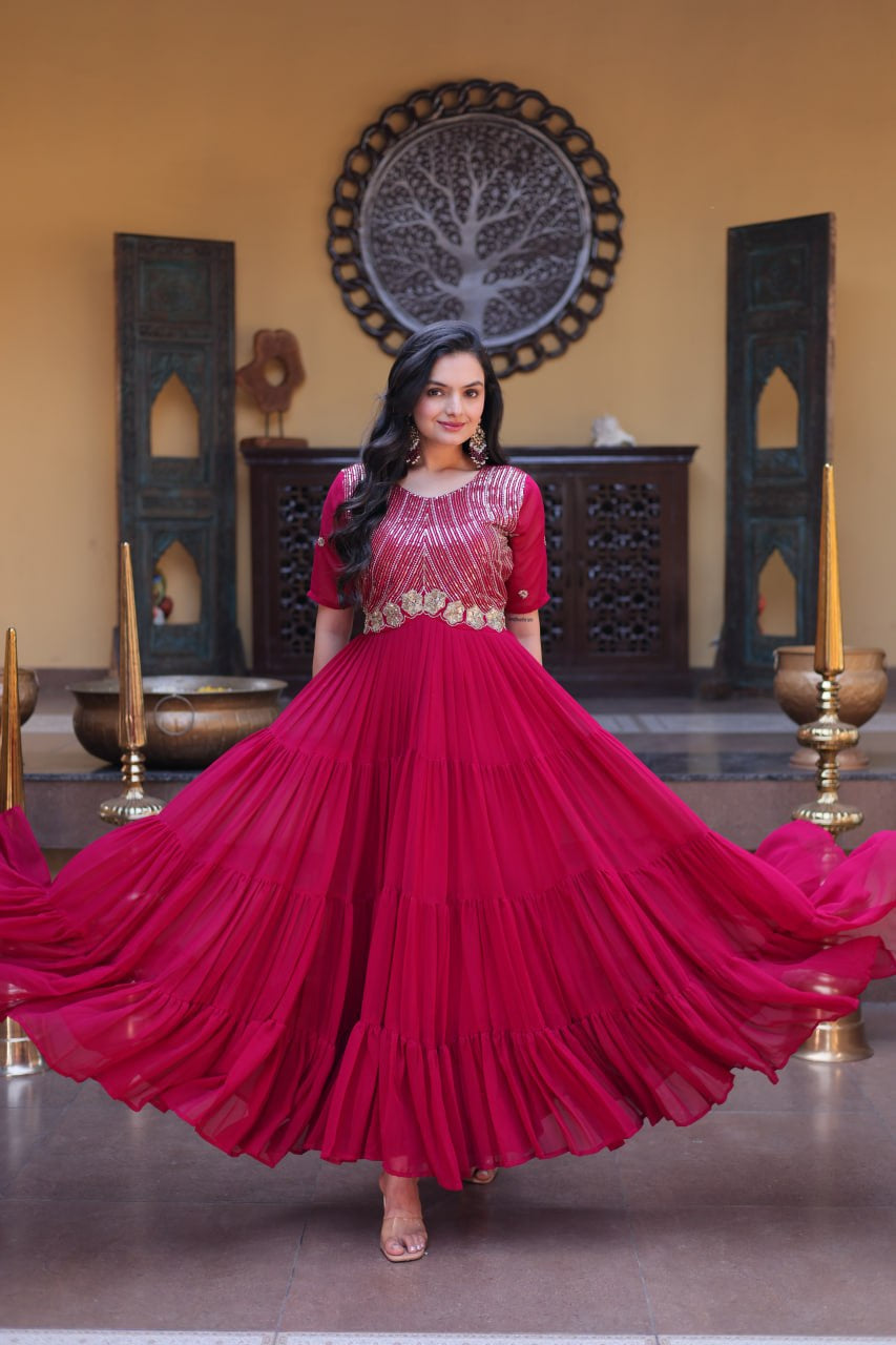 Womenline Wine Red Embroidered Tiered Anarkali Gown