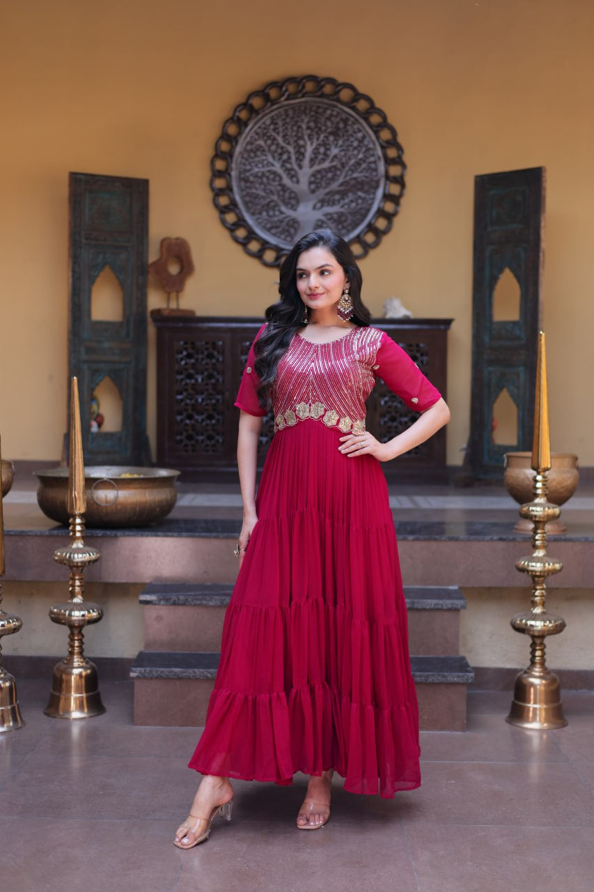 Womenline Wine Red Embroidered Tiered Anarkali Gown