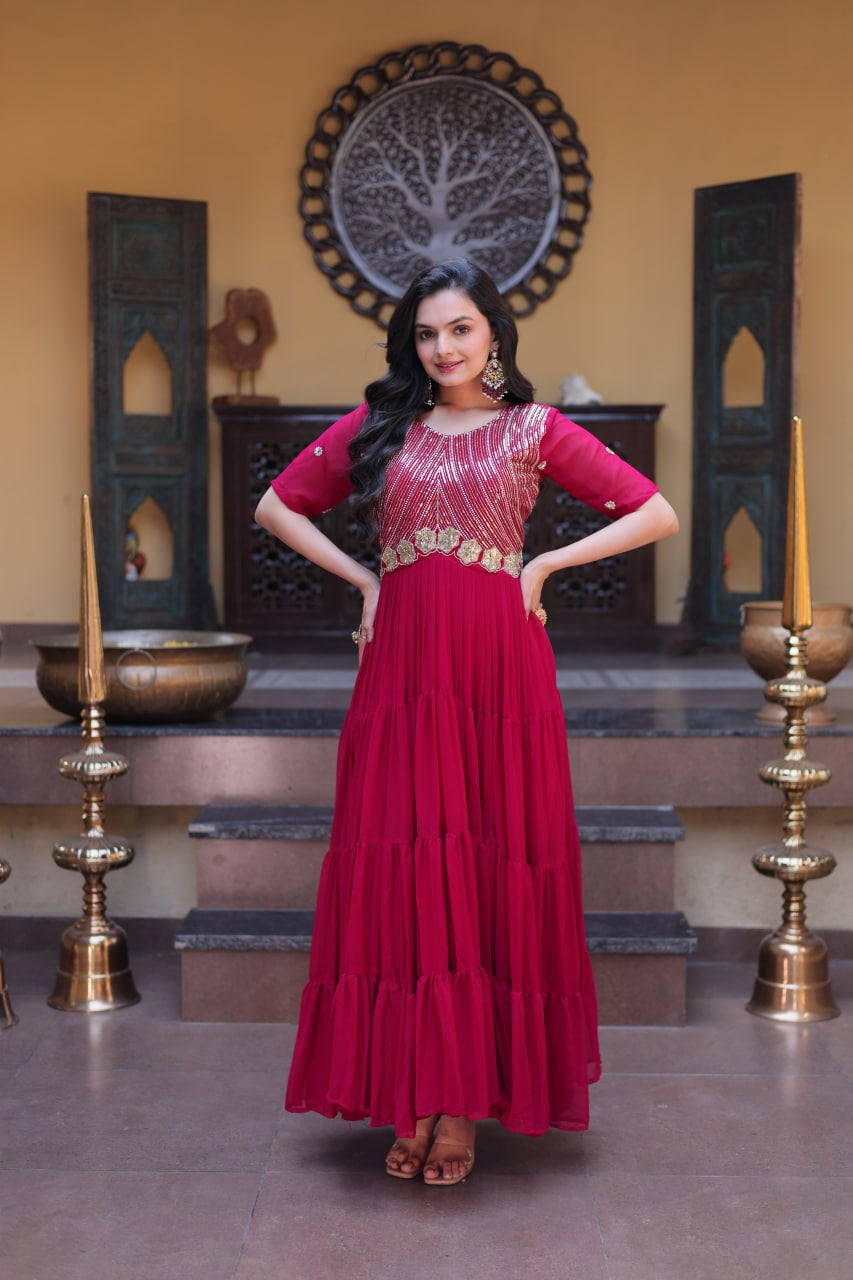 Womenline Wine Red Embroidered Tiered Anarkali Gown