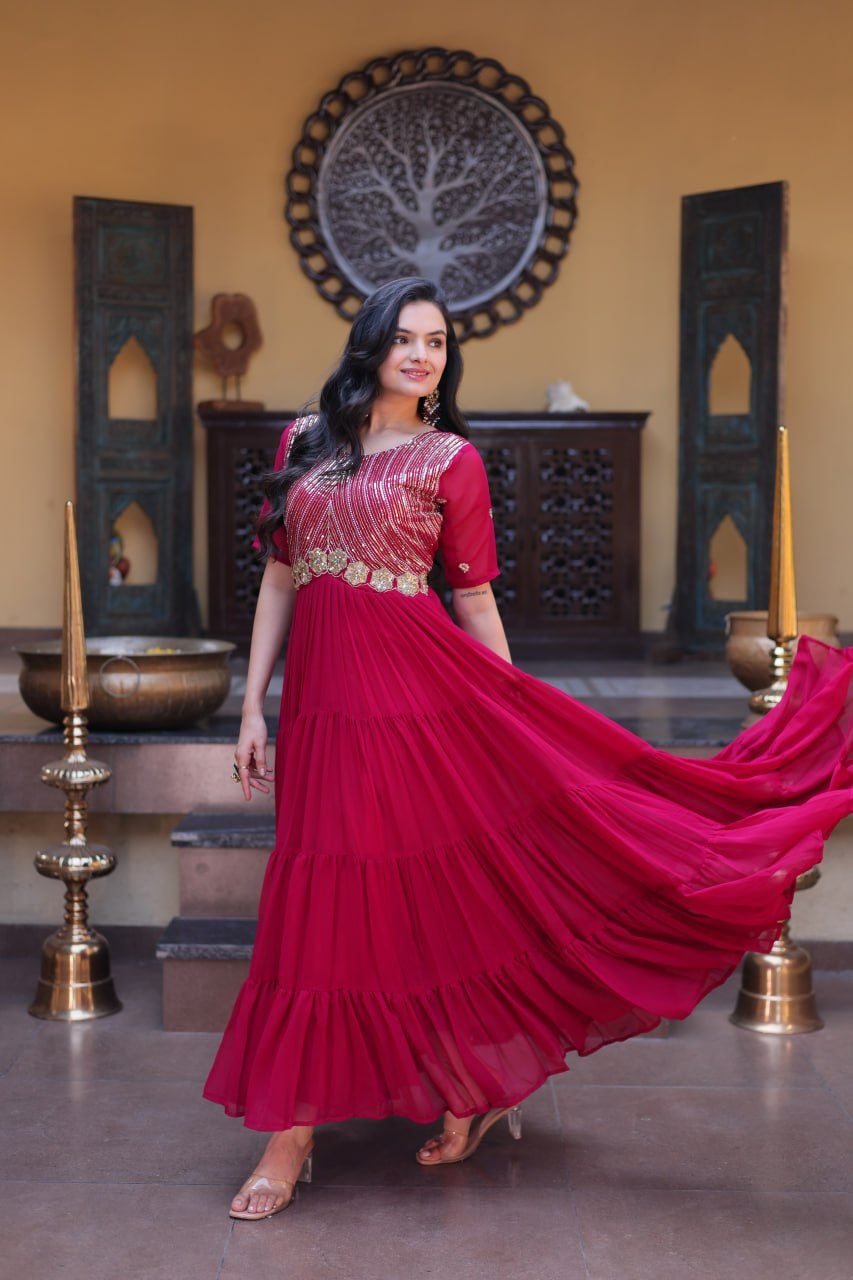 Womenline Wine Red Embroidered Tiered Anarkali Gown