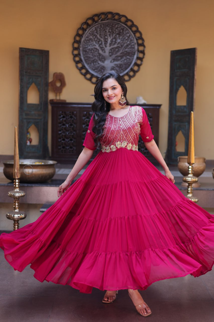 Womenline Wine Red Embroidered Tiered Anarkali Gown
