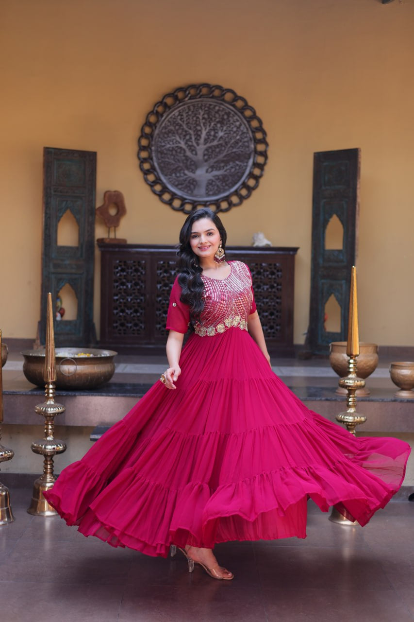 Womenline Wine Red Embroidered Tiered Anarkali Gown