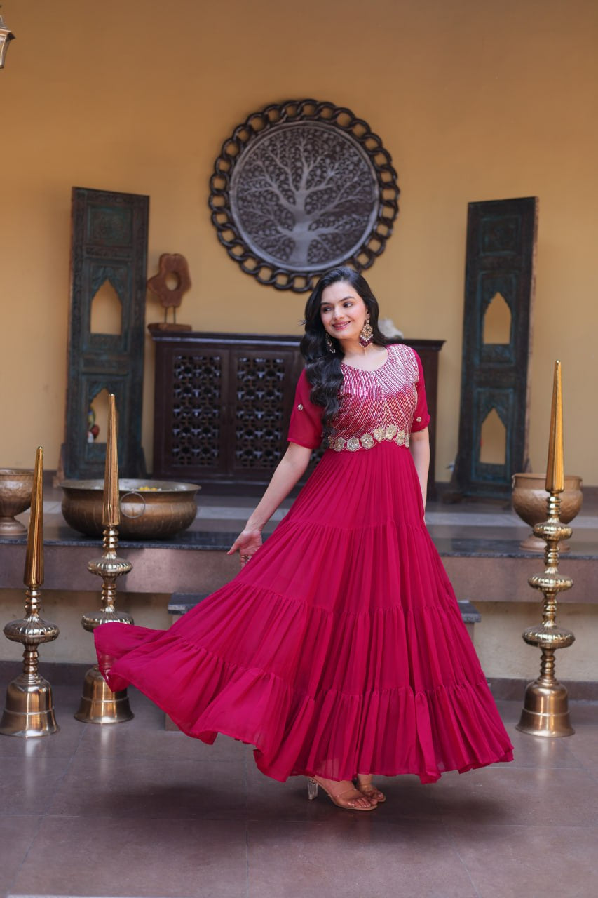 Womenline Wine Red Embroidered Tiered Anarkali Gown