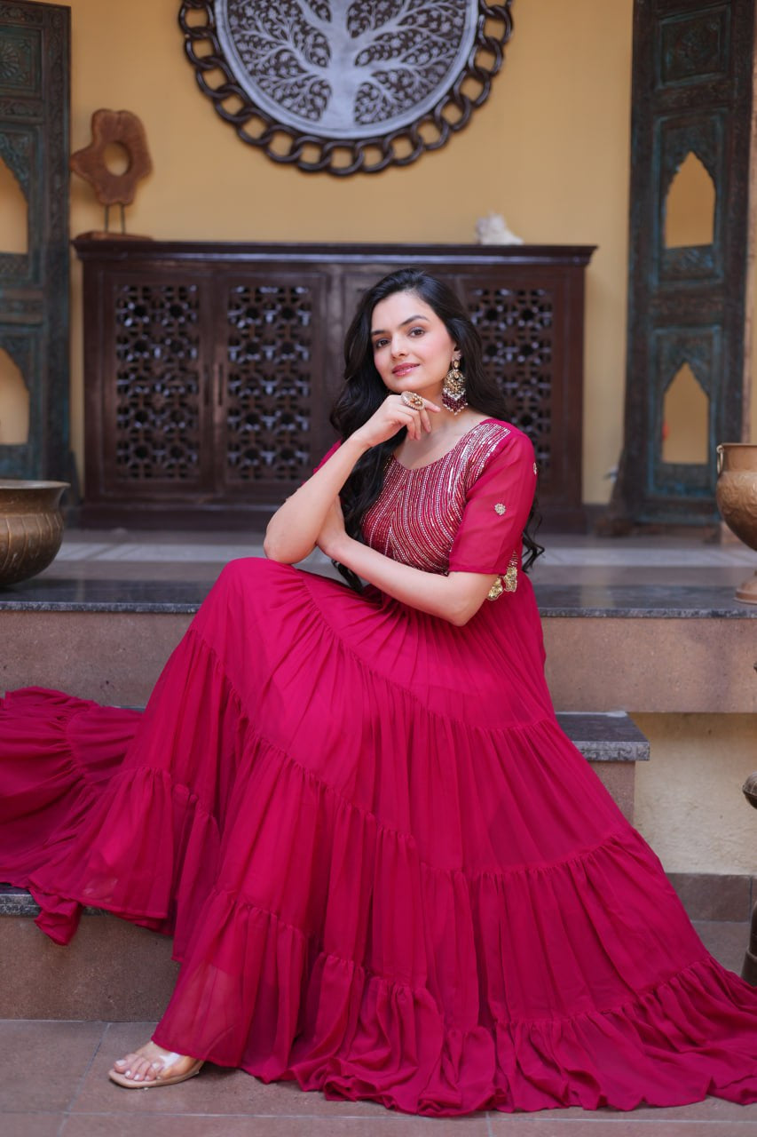 Womenline Wine Red Embroidered Tiered Anarkali Gown