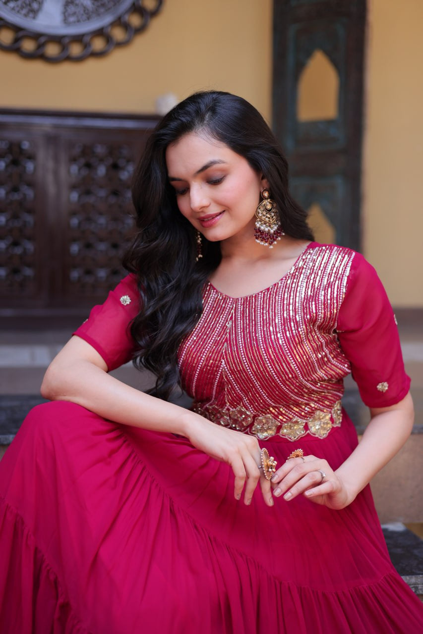 Womenline Wine Red Embroidered Tiered Anarkali Gown