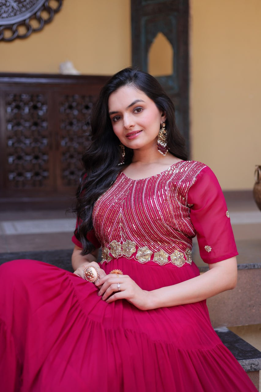 Womenline Wine Red Embroidered Tiered Anarkali Gown