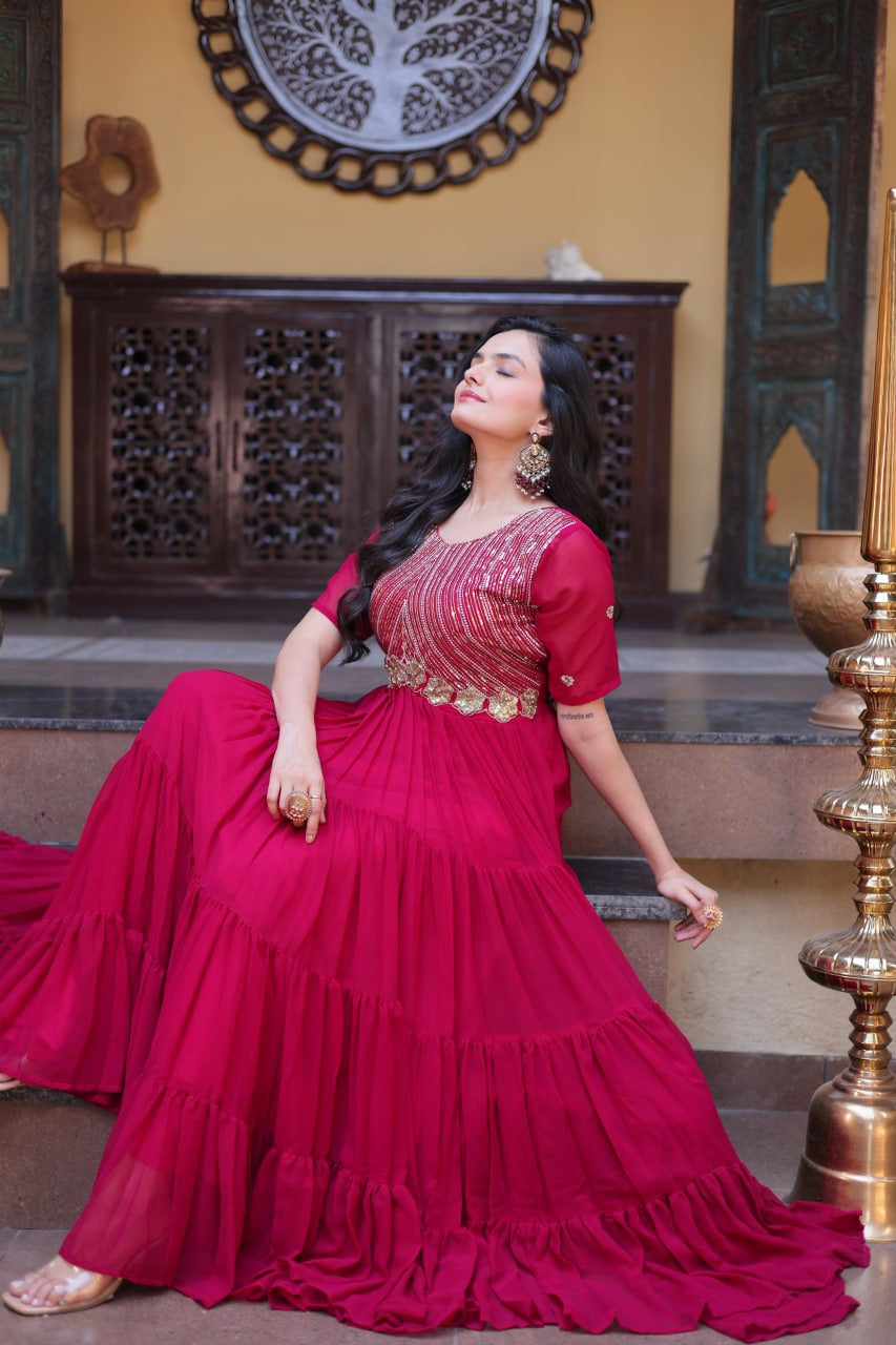 Womenline Wine Red Embroidered Tiered Anarkali Gown