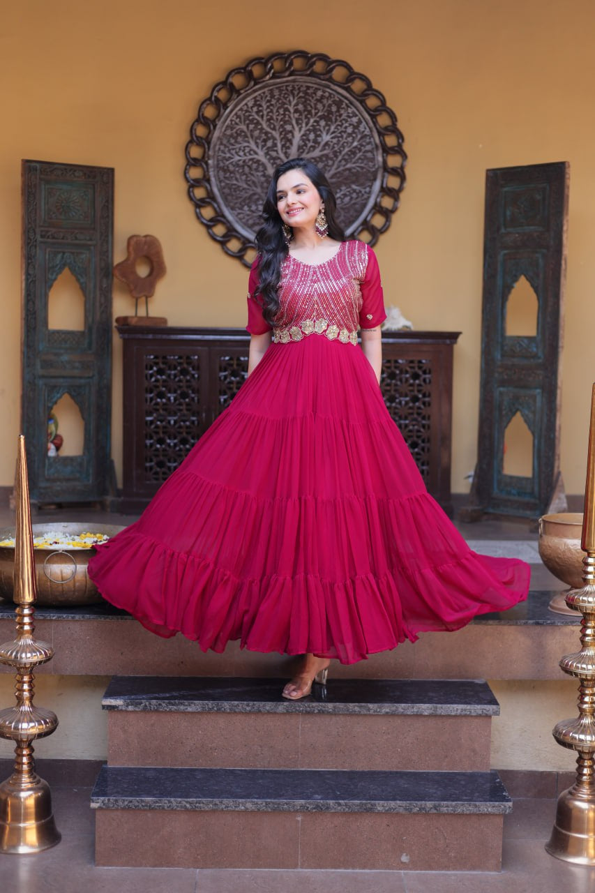 Womenline Wine Red Embroidered Tiered Anarkali Gown