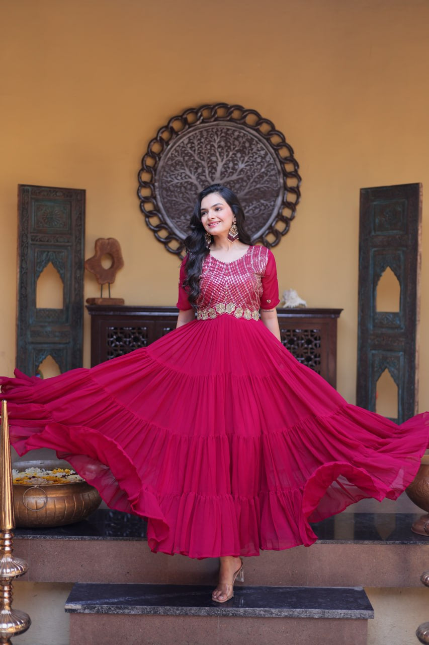Womenline Wine Red Embroidered Tiered Anarkali Gown