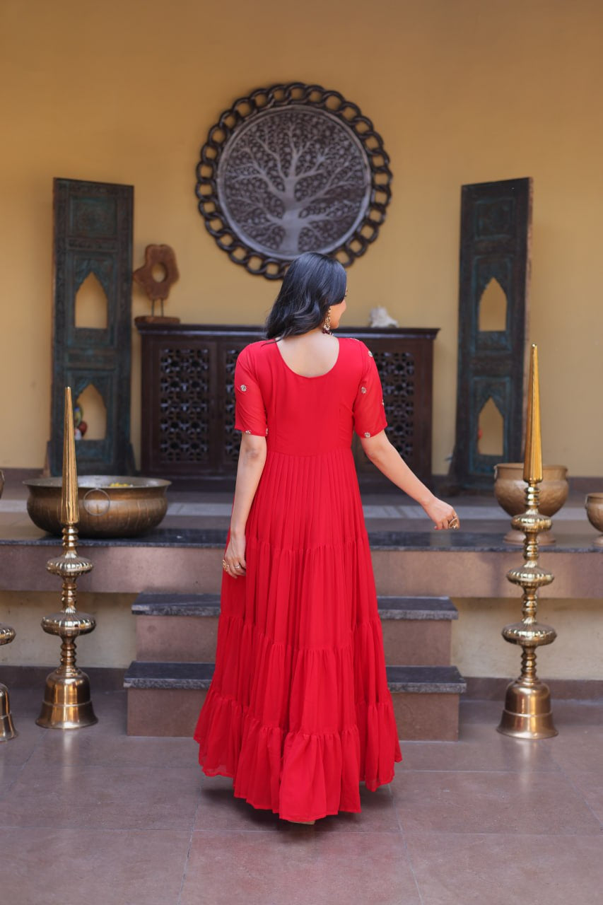 Womenline Bright Red Embroidered Tiered Anarkali Maxi Gown