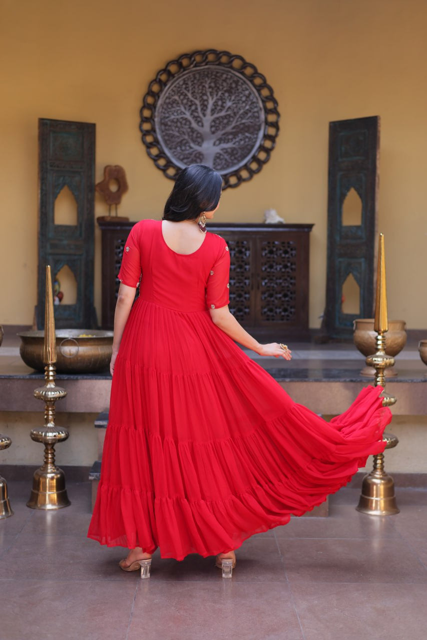 Womenline Bright Red Embroidered Tiered Anarkali Maxi Gown