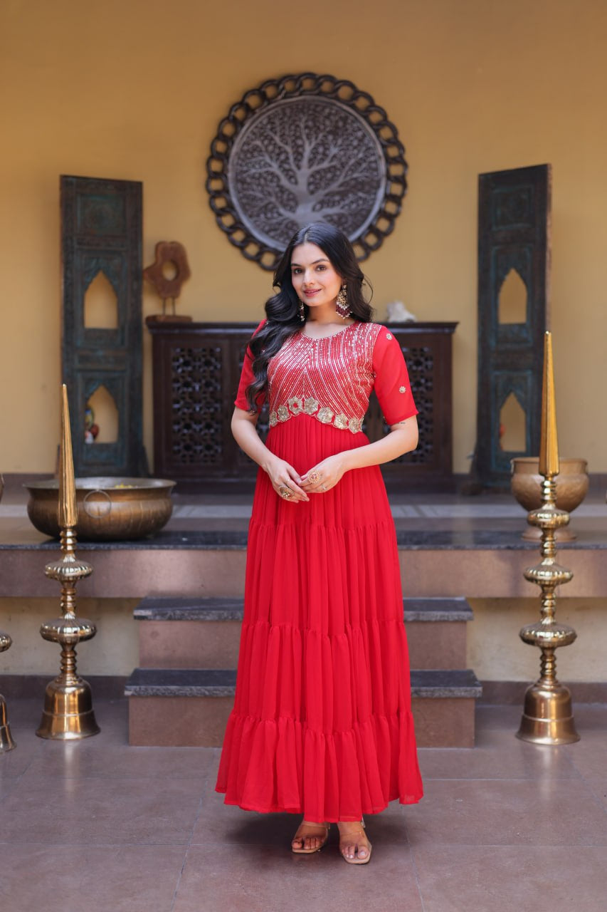 Womenline Bright Red Embroidered Tiered Anarkali Maxi Gown