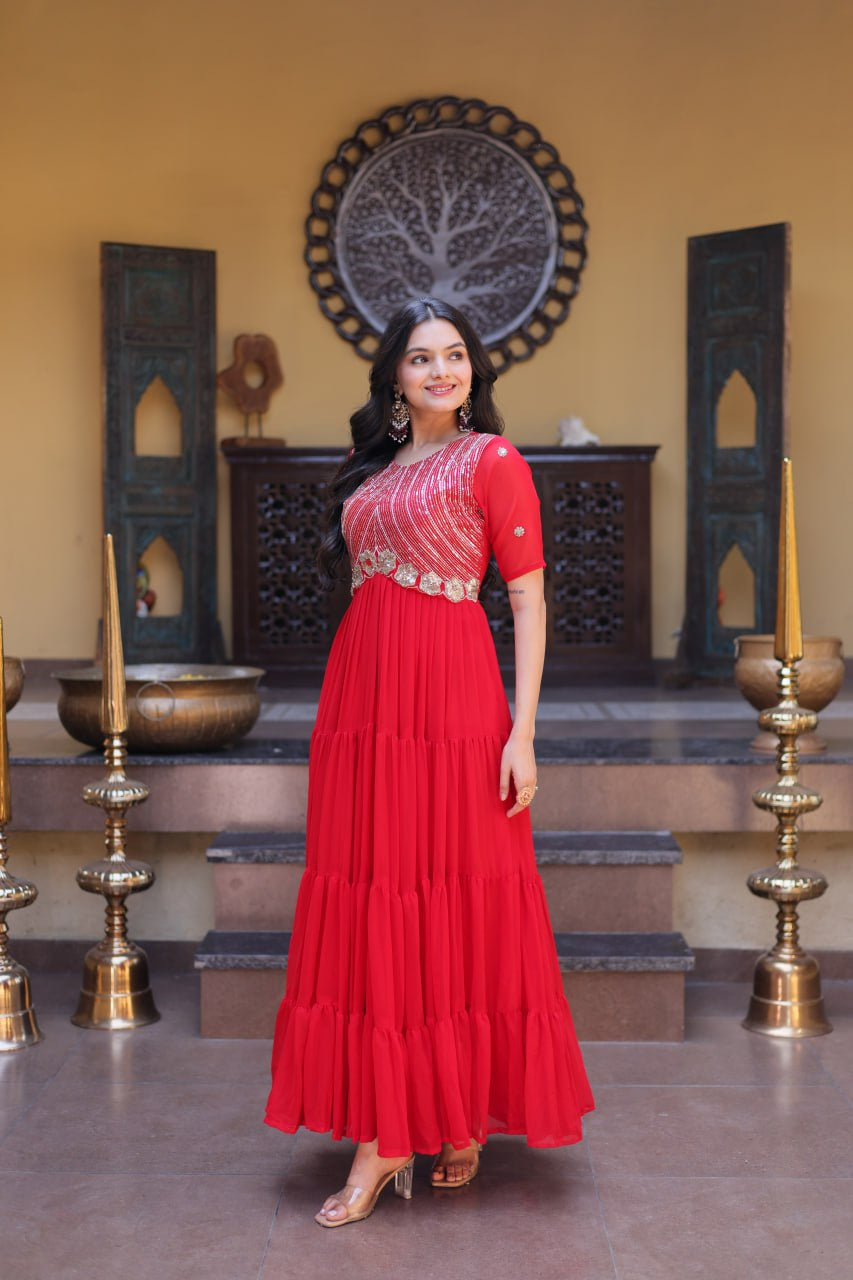 Womenline Bright Red Embroidered Tiered Anarkali Maxi Gown