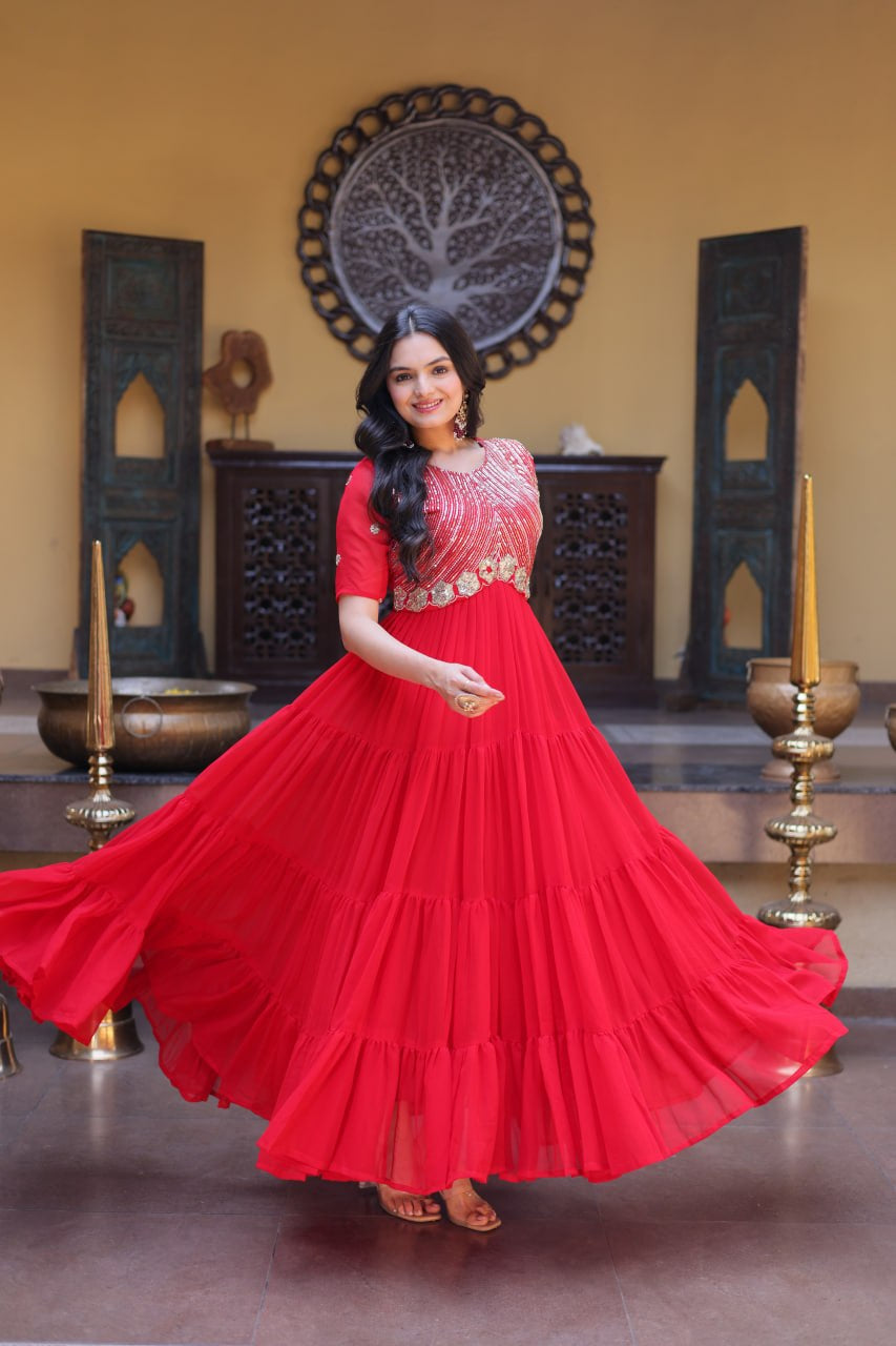 Womenline Bright Red Embroidered Tiered Anarkali Maxi Gown