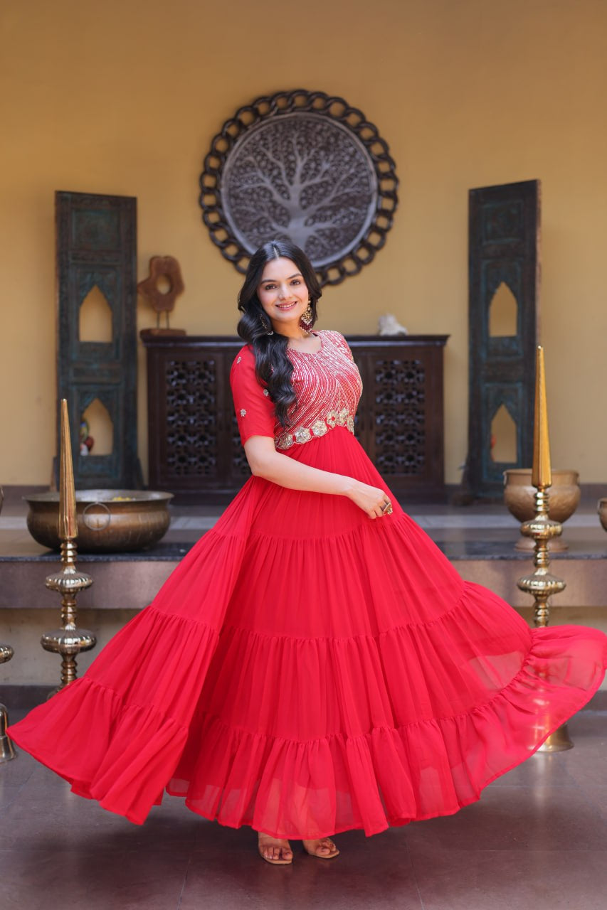 Womenline Bright Red Embroidered Tiered Anarkali Maxi Gown