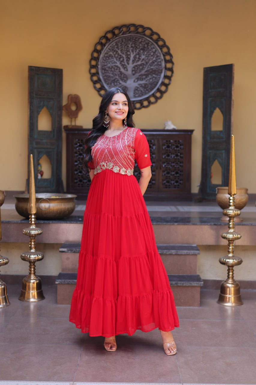 Womenline Bright Red Embroidered Tiered Anarkali Maxi Gown