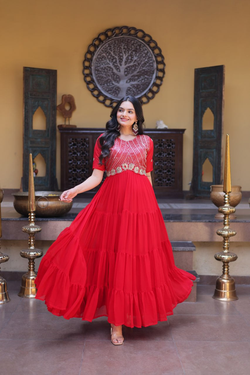 Womenline Bright Red Embroidered Tiered Anarkali Maxi Gown