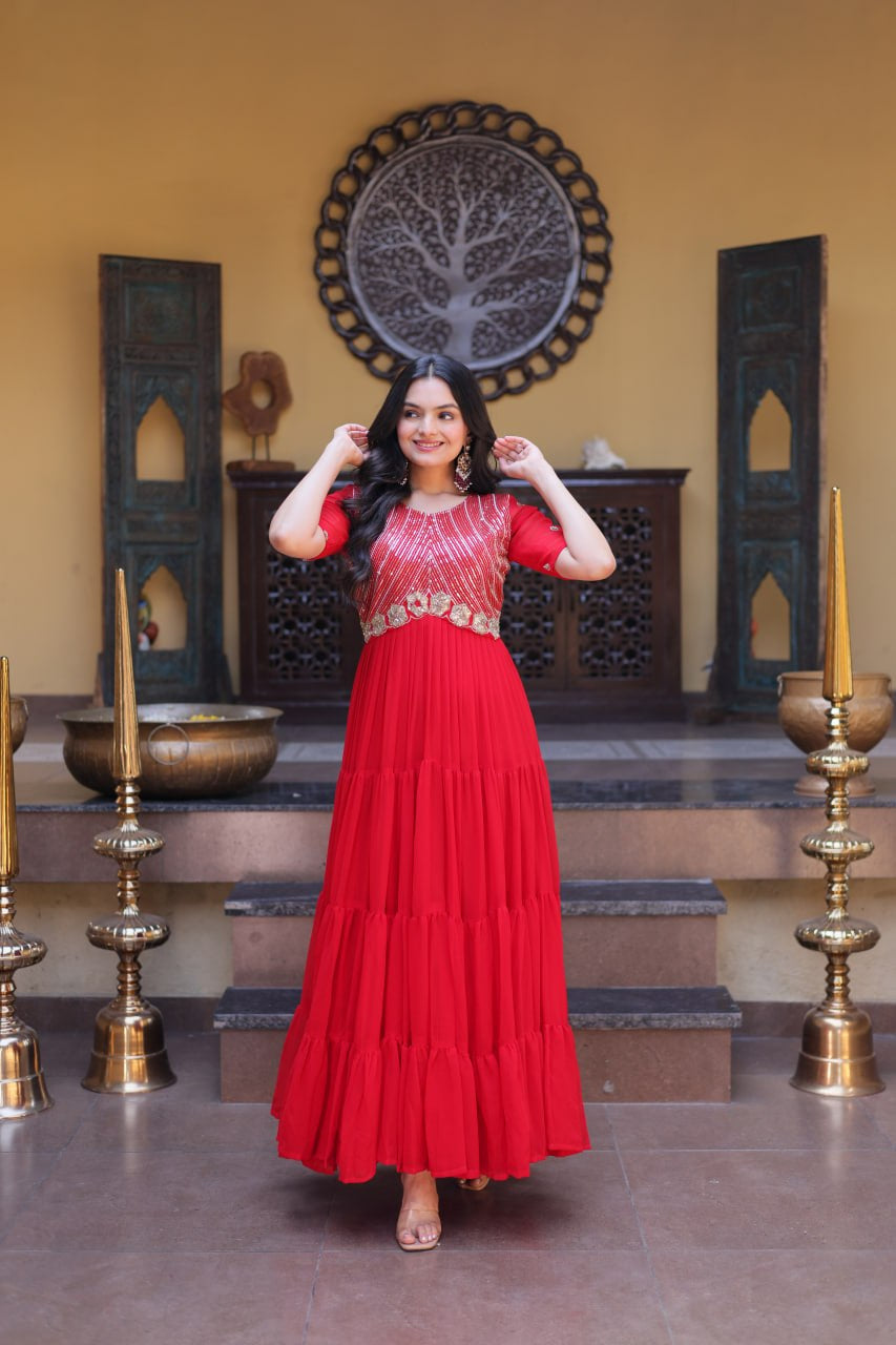 Womenline Bright Red Embroidered Tiered Anarkali Maxi Gown