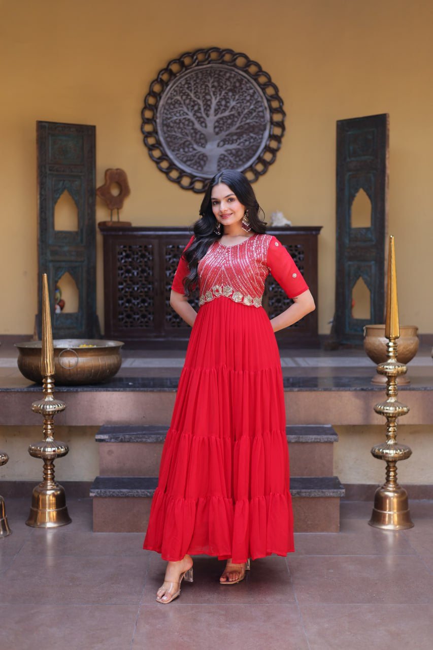 Womenline Bright Red Embroidered Tiered Anarkali Maxi Gown