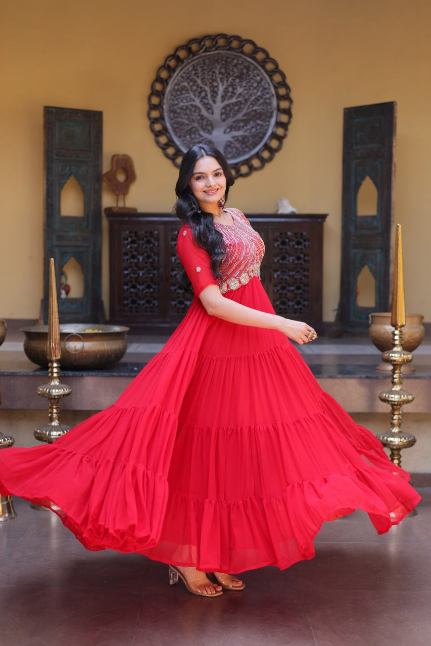 Womenline Bright Red Embroidered Tiered Anarkali Maxi Gown