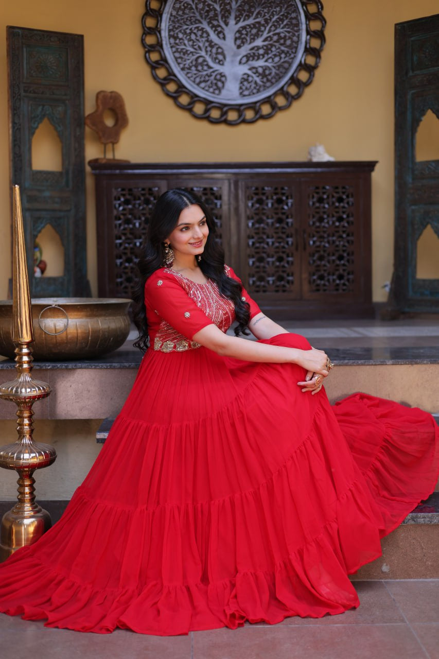 Womenline Bright Red Embroidered Tiered Anarkali Maxi Gown