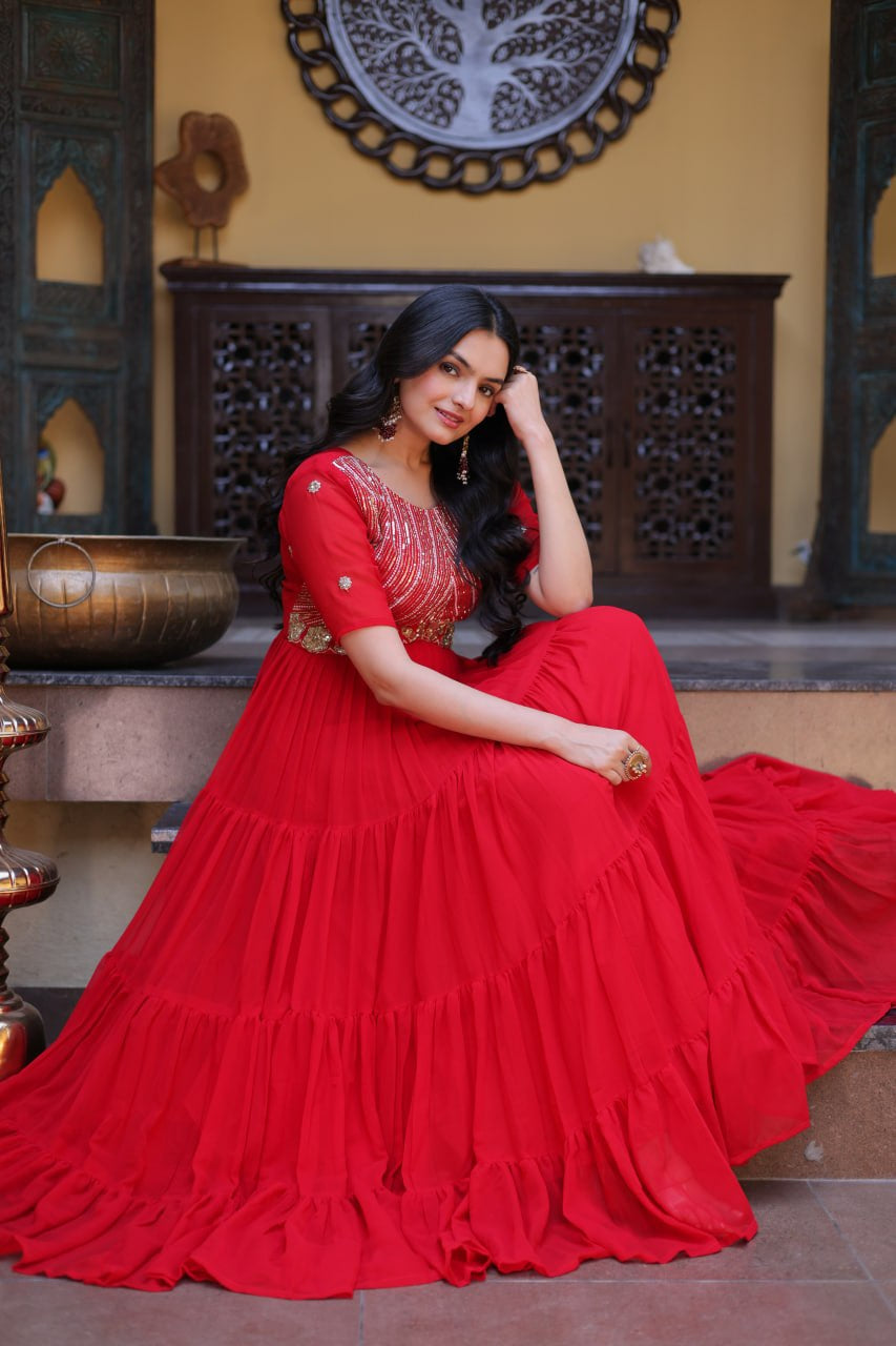 Womenline Bright Red Embroidered Tiered Anarkali Maxi Gown