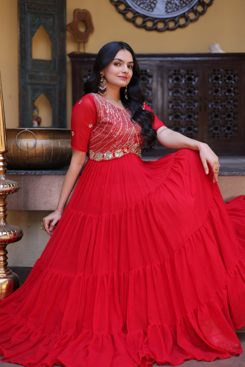 Womenline Bright Red Embroidered Tiered Anarkali Maxi Gown