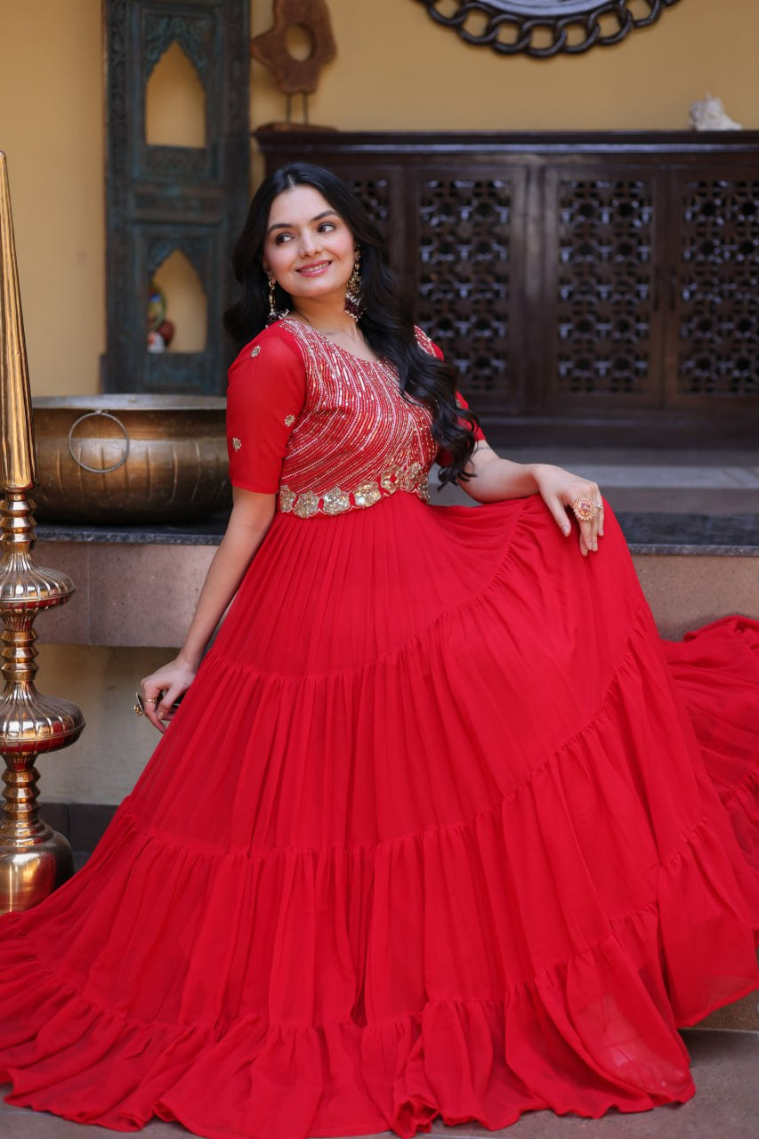 Womenline Bright Red Embroidered Tiered Anarkali Maxi Gown