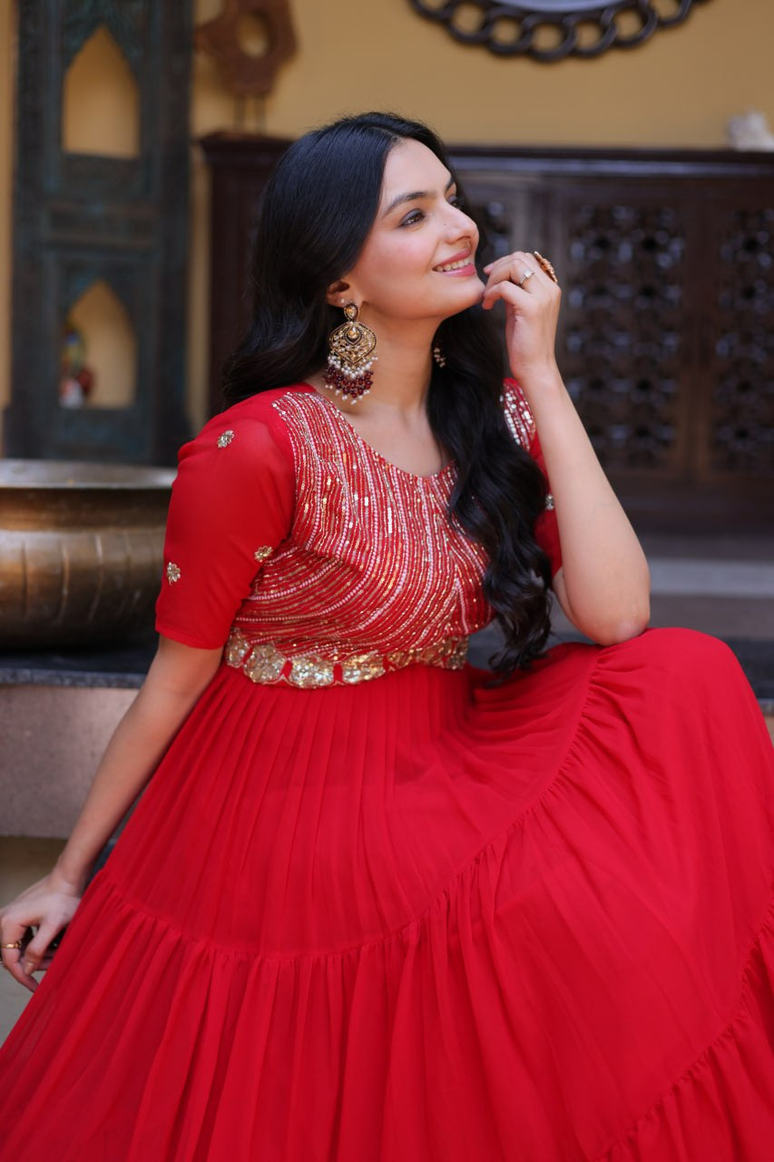 Womenline Bright Red Embroidered Tiered Anarkali Maxi Gown