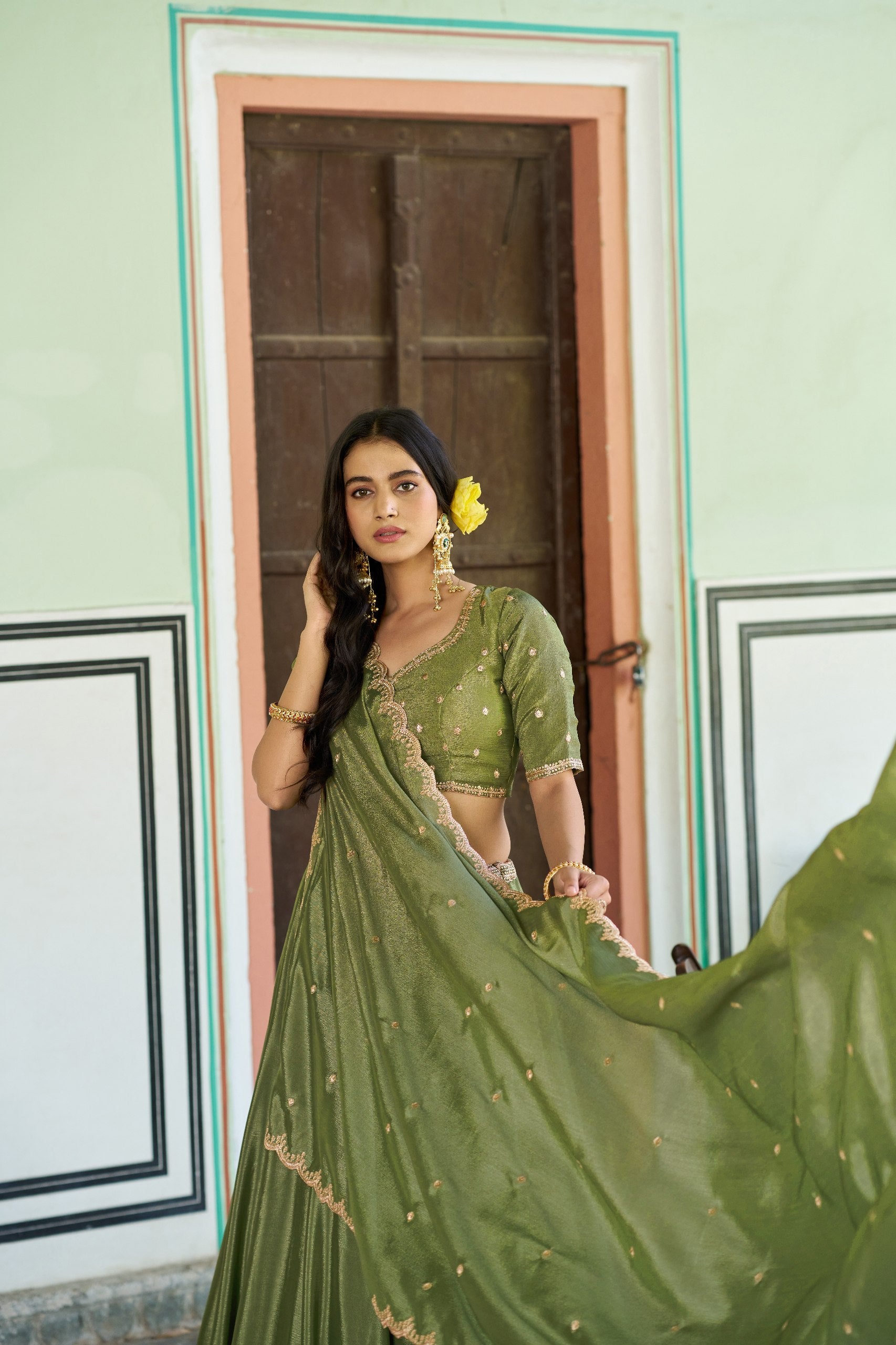 Womenline Olive Green Embellished Lehenga Choli with Designer Dupatta
