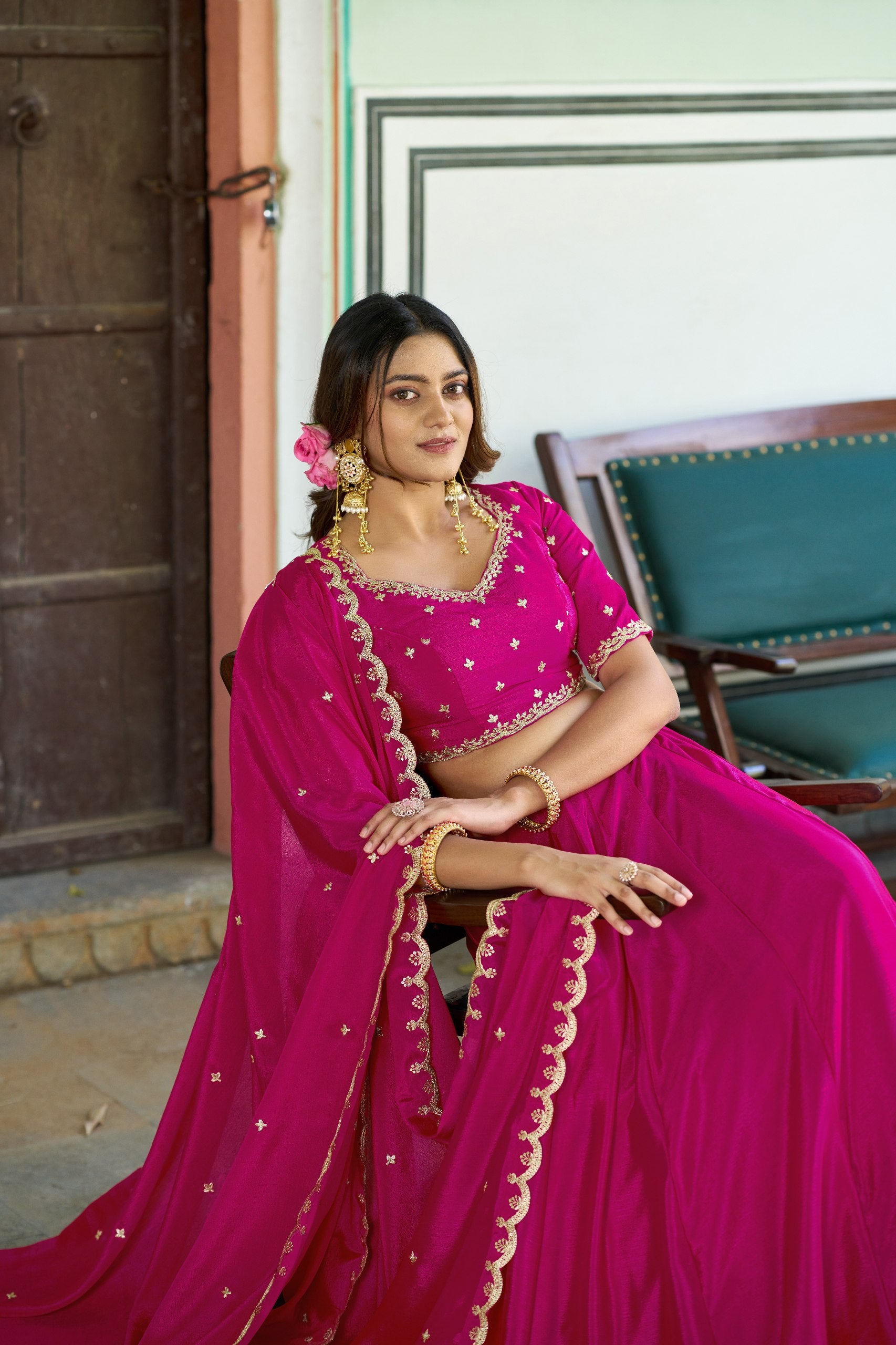 Womenline Rani Pink Embellished Lehenga Choli with Designer Dupatta