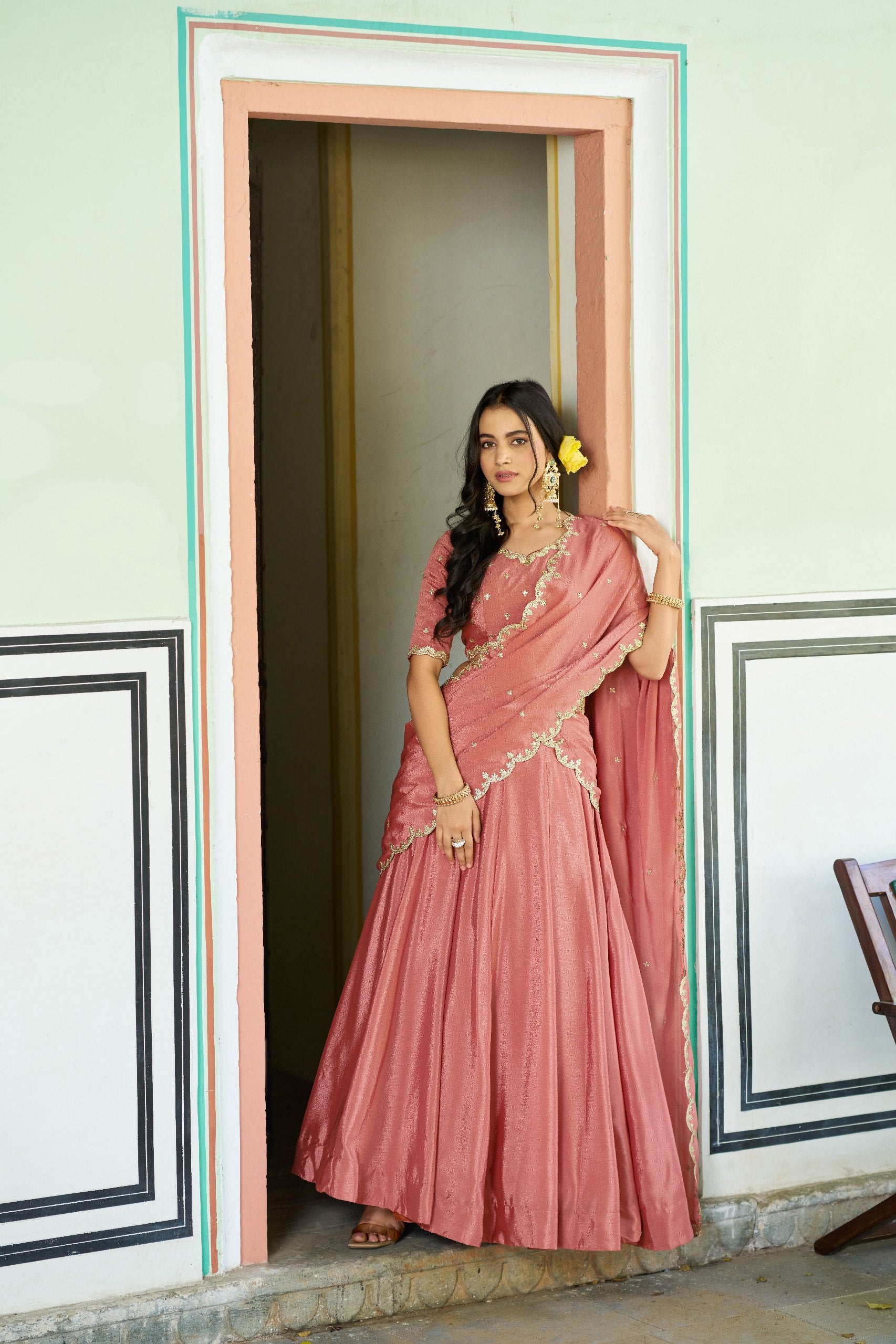 Womenline Dusty Rose Pink Embellished Lehenga Choli with Designer Dupatta