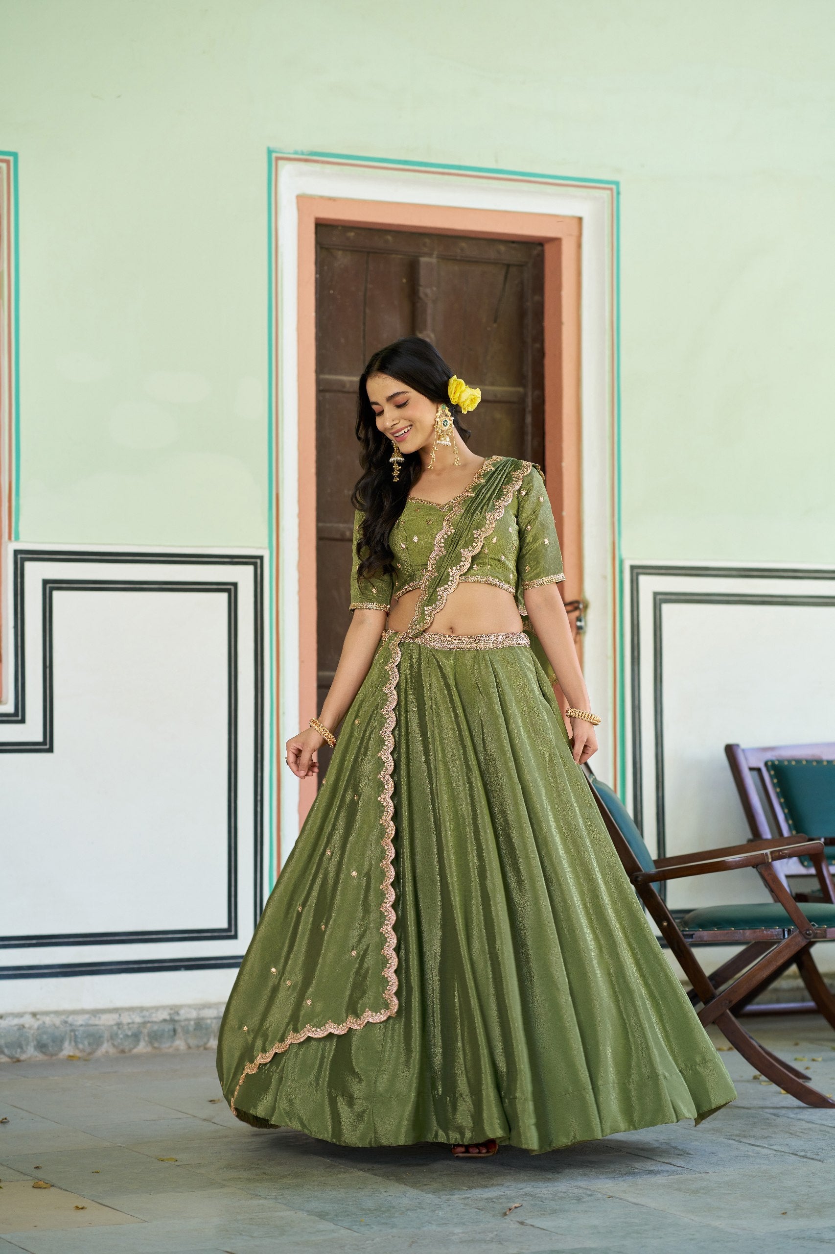 Womenline Olive Green Embellished Lehenga Choli with Designer Dupatta