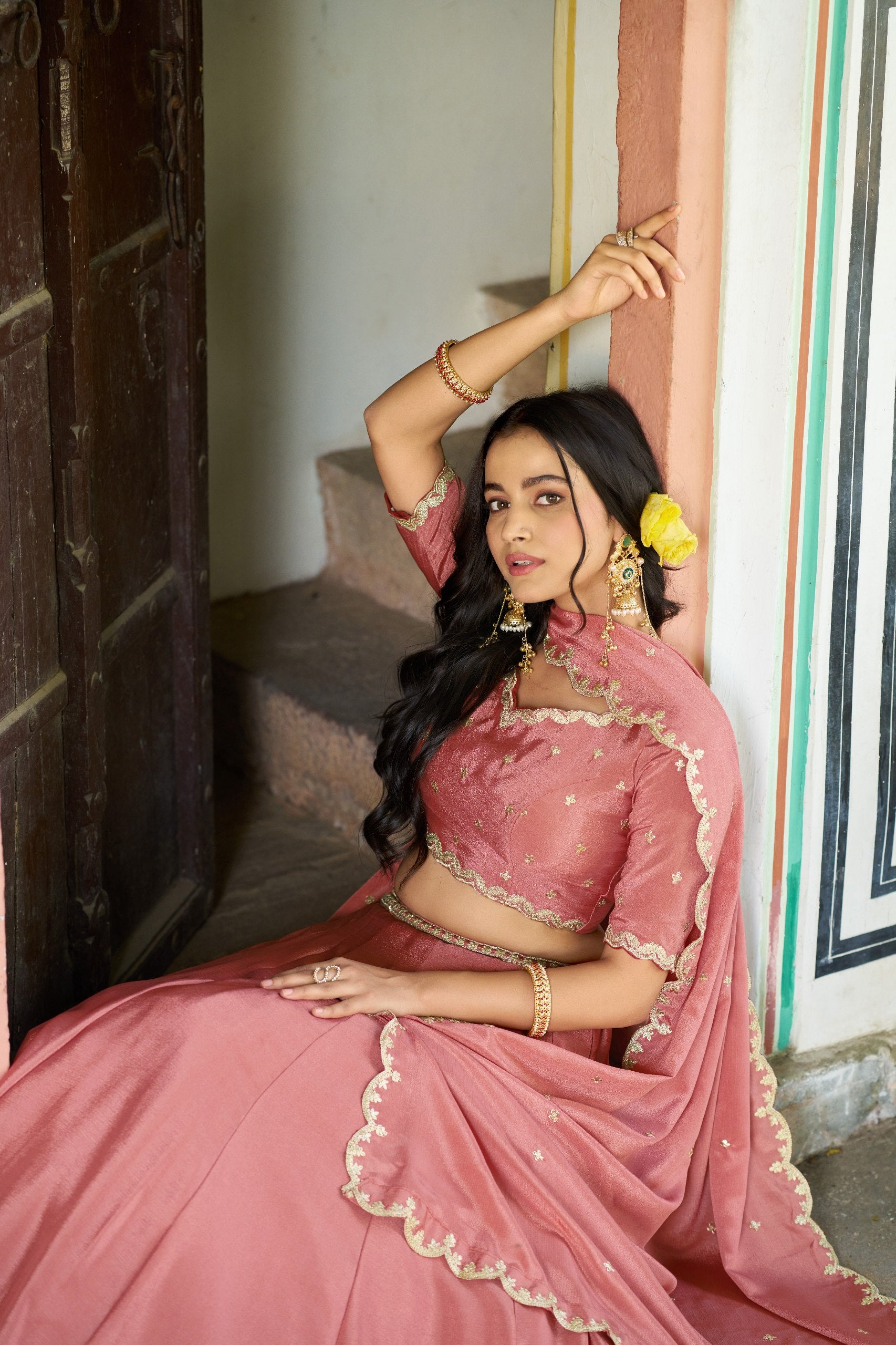 Womenline Dusty Rose Pink Embellished Lehenga Choli with Designer Dupatta