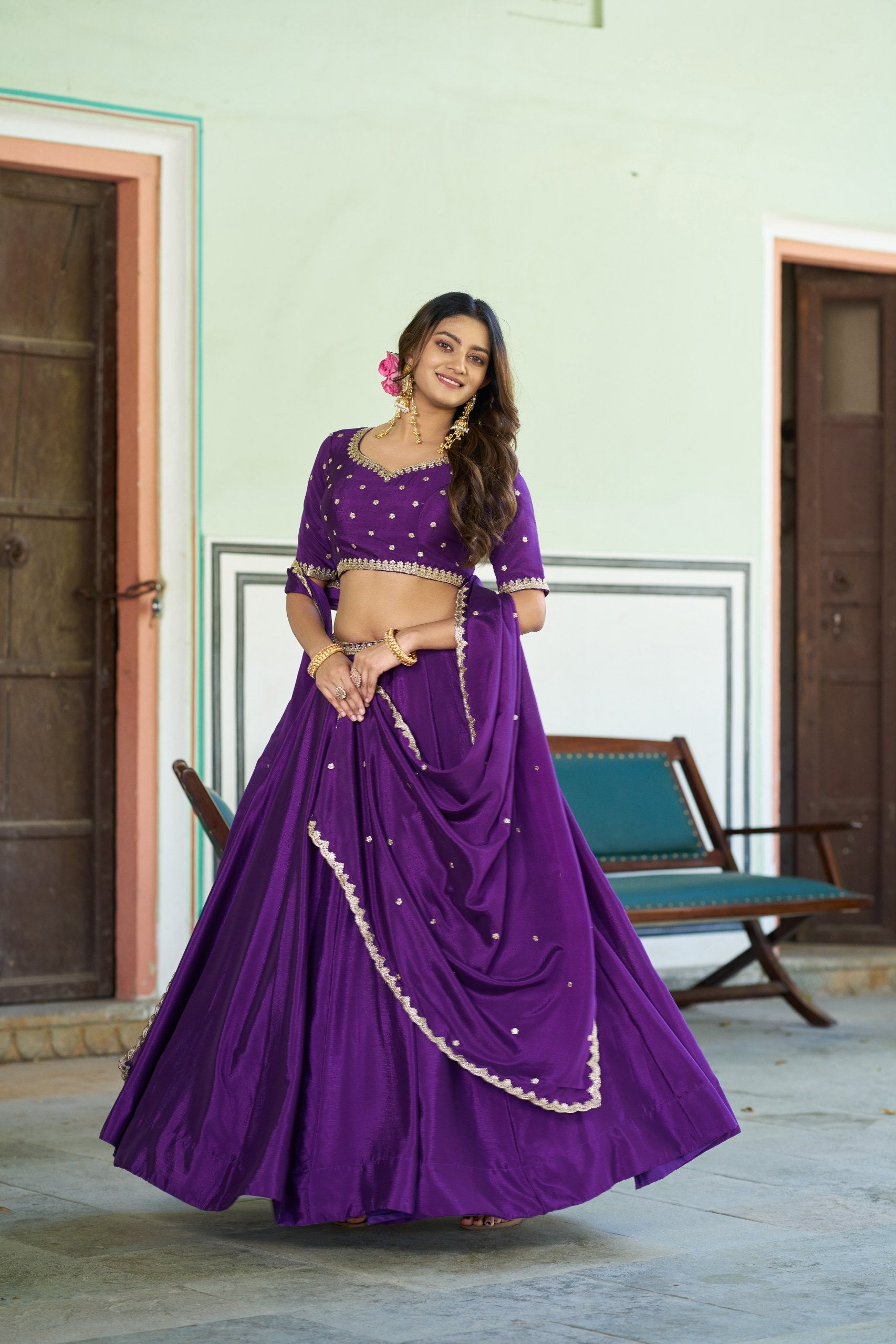 Womenline Royal Purple Embellished Lehenga Choli Set with Designer Dupatta