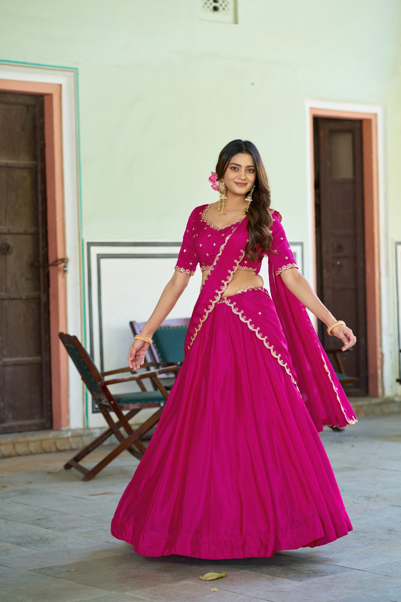 Womenline Rani Pink Embellished Lehenga Choli with Designer Dupatta