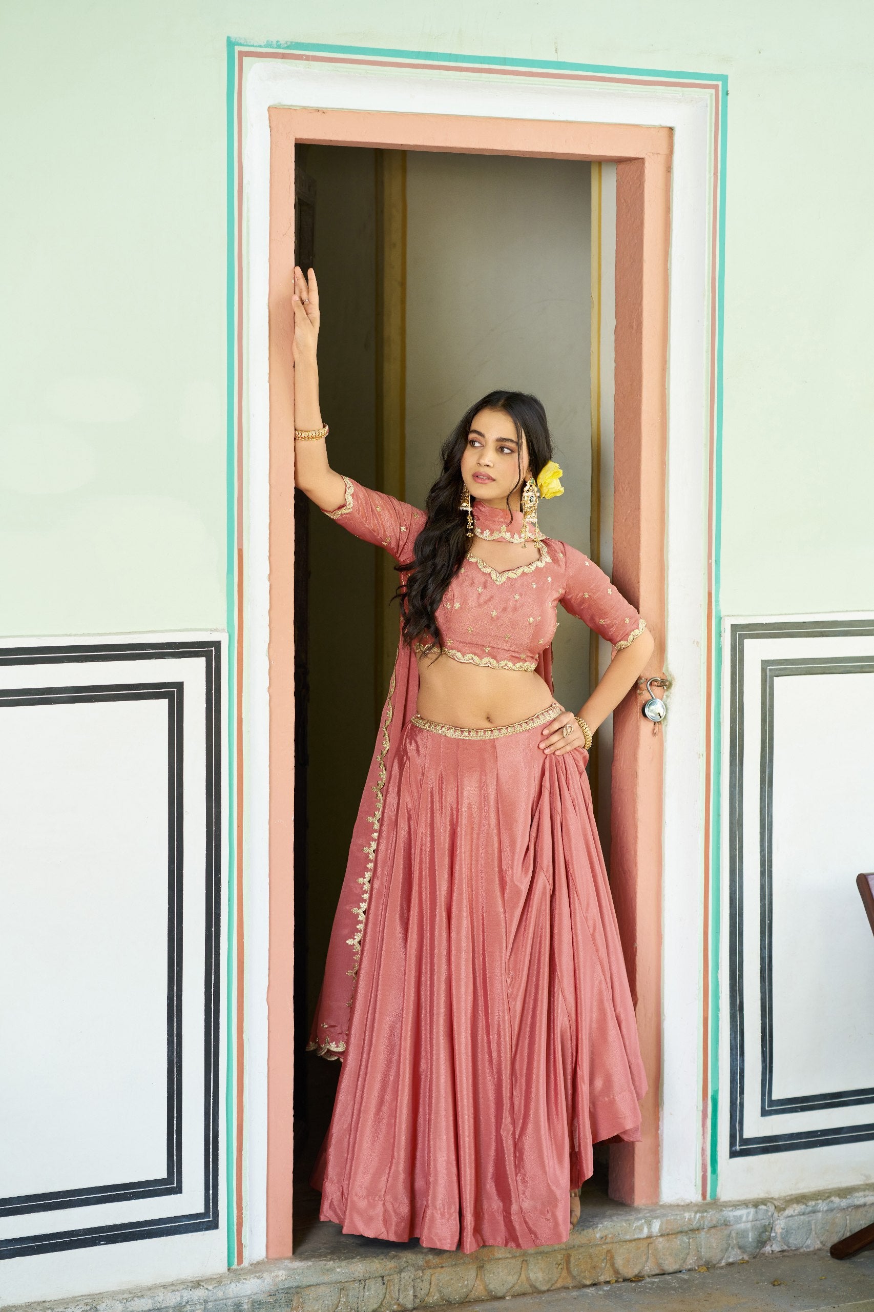 Womenline Dusty Rose Pink Embellished Lehenga Choli with Designer Dupatta