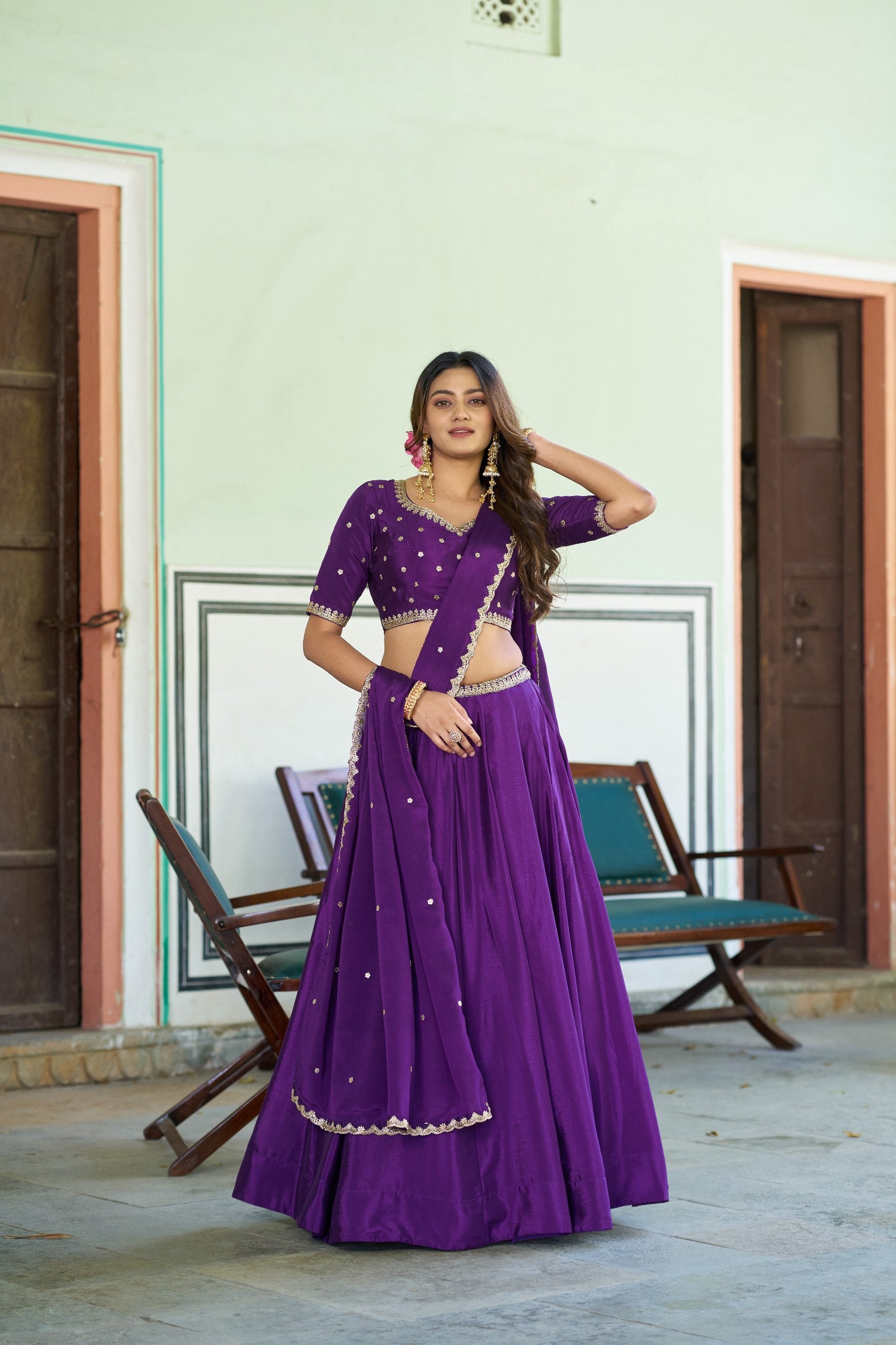 Womenline Royal Purple Embellished Lehenga Choli Set with Designer Dupatta