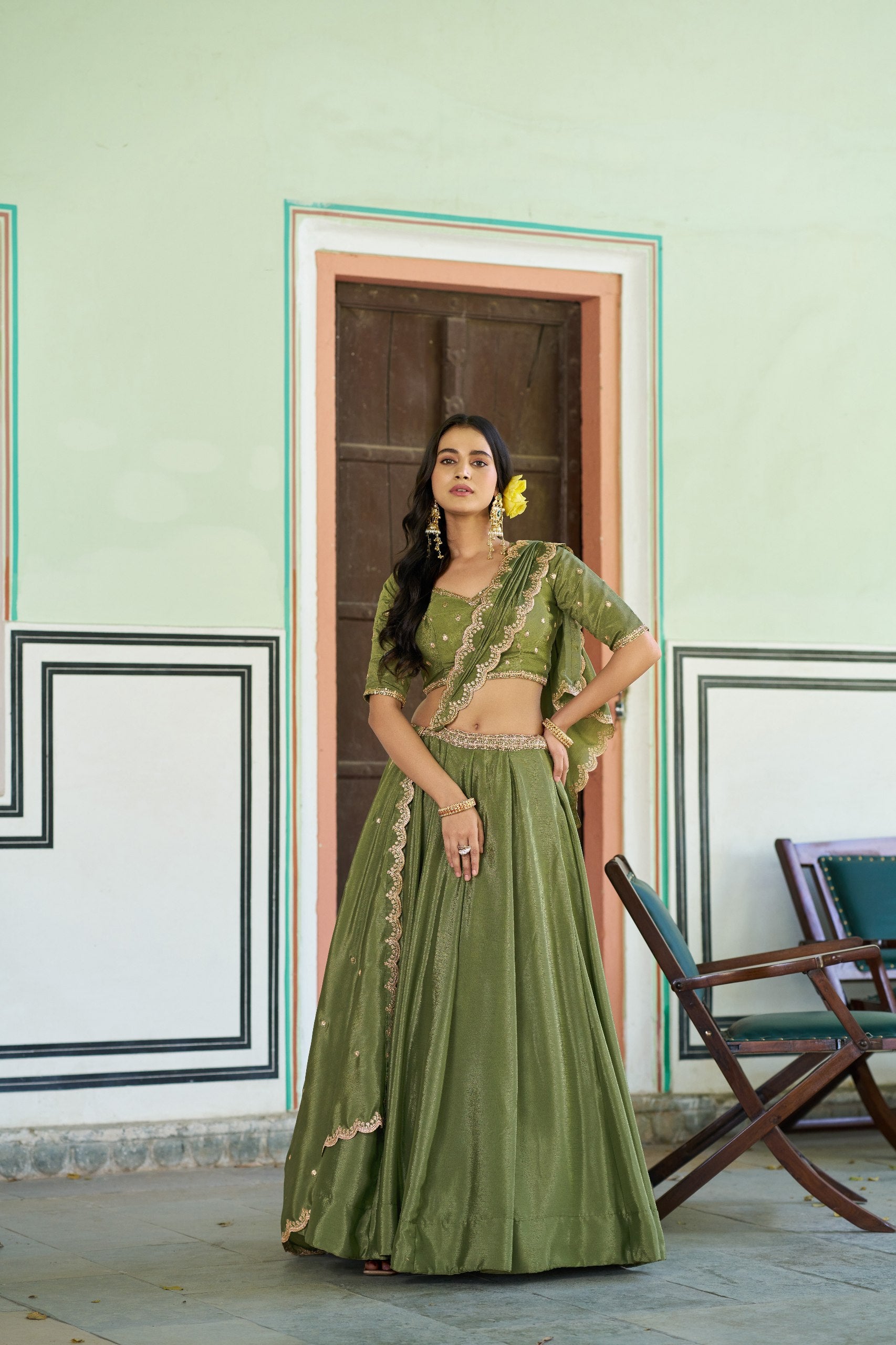 Womenline Olive Green Embellished Lehenga Choli with Designer Dupatta